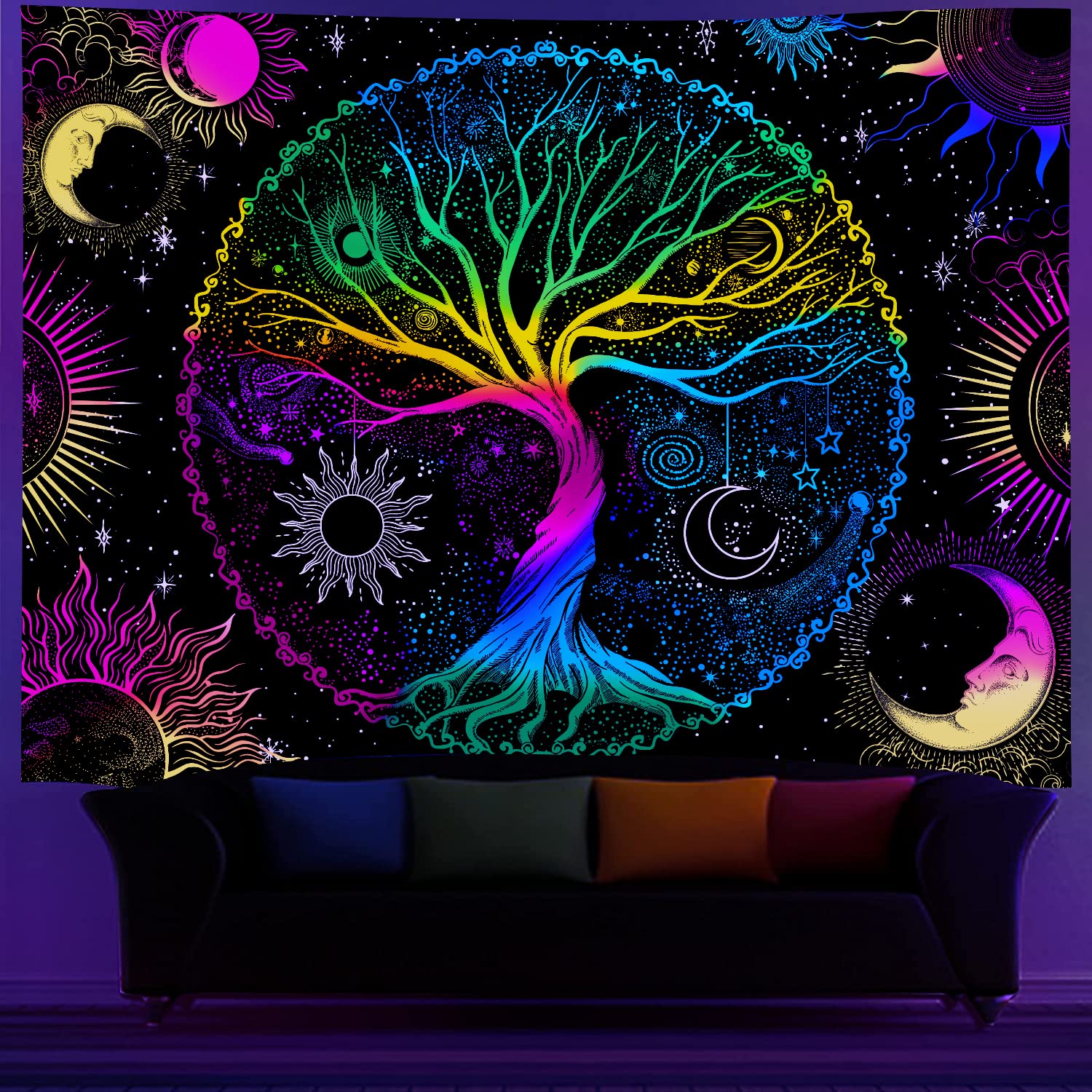 AACKart Blacklight Tapestry for Bedroom - Spiritual Tree of Life Wall Tapestry Glow in the Dark Wall Hanging 90.5 x 70.8 inches