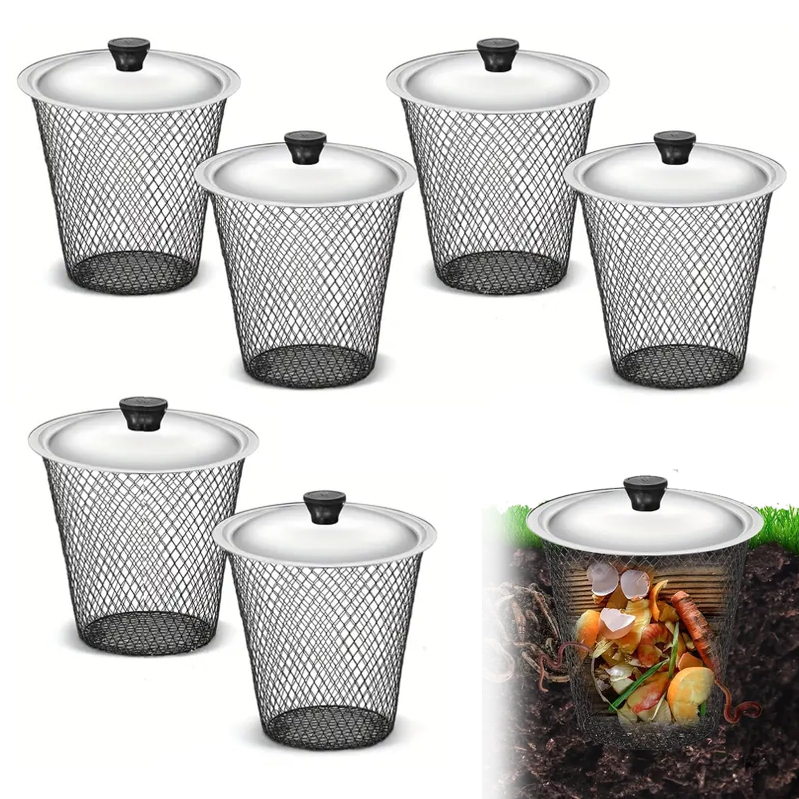 Compostador subterráneo de gusanos con tapa, paquete de 6 sistemas de compostaje de lombrices para jardín, contenedor de compostaje rápido para residuos de jardín, respetuoso con el medio ambiente