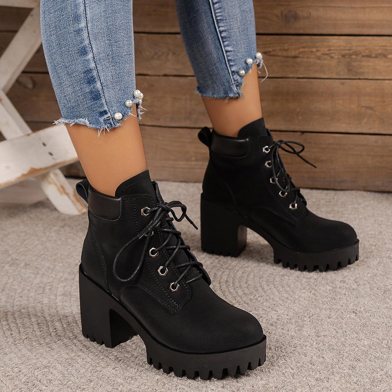 Botas de tacón grueso con cordones para mujer, plataforma de moda de tacón alto, botas informales, punta redonda, invierno, aspecto de piel, botas cortas