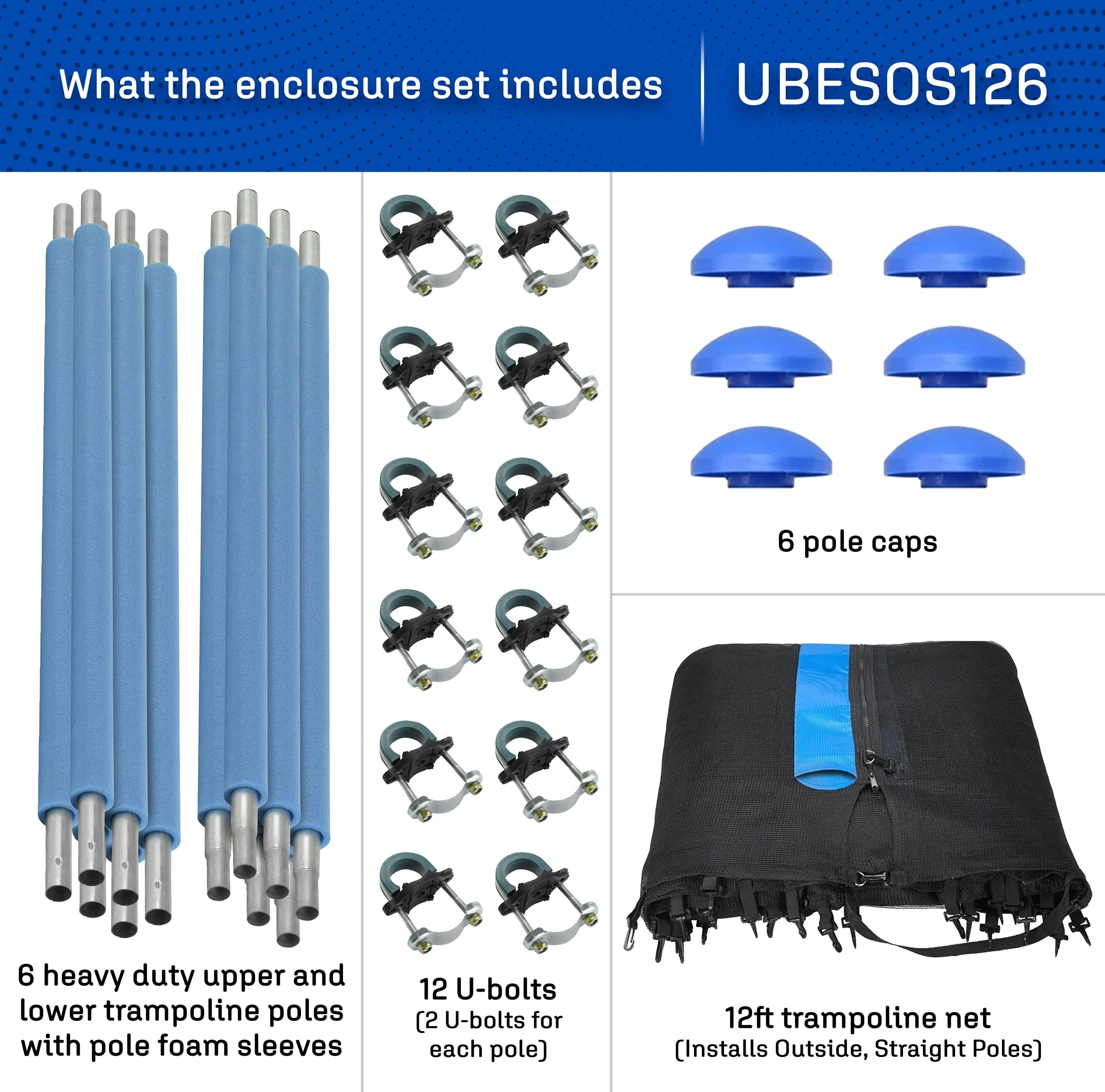 Trampoline Enclosure Set, to Fit 12'. Round Frames, for 3 or 6 W-Shaped Legs -Set Includes: Net, Poles & Hardware Only