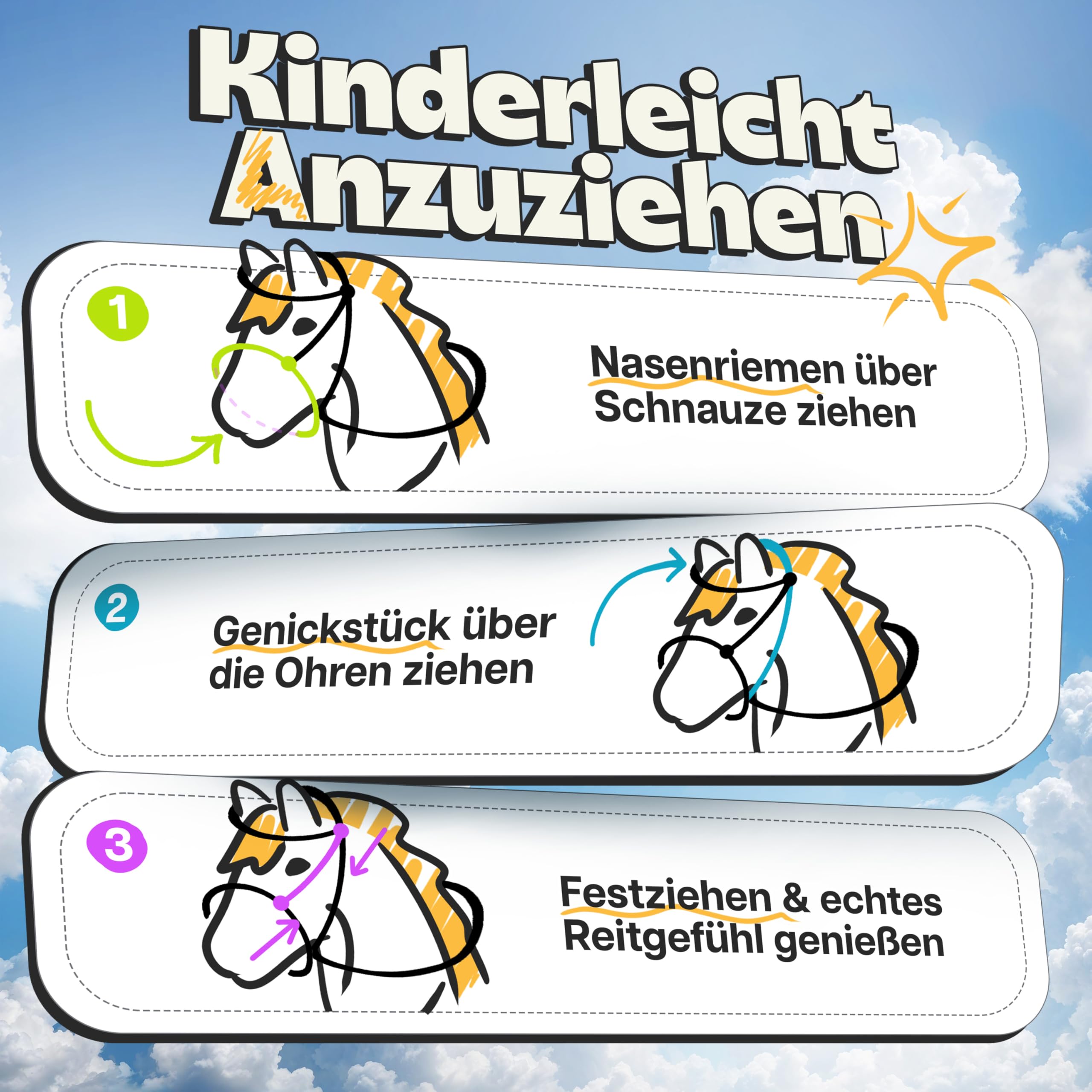 Hobby Horse Trense Halfter für Holzpferd Größen S/M/L Reitspaß für Kinder Zubehör robust langlebig
