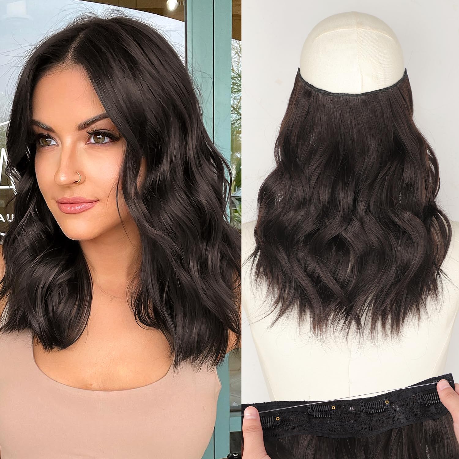 Photo 1 of KooKaStyle Invisible Wire Hair Extensions with Transparent Headband Adjustable Size 4 Secure Clips Long Wavy Synthetic Hairpiece Rich Dark Brown with Warm Tones/6# for Women(12 Inch)
