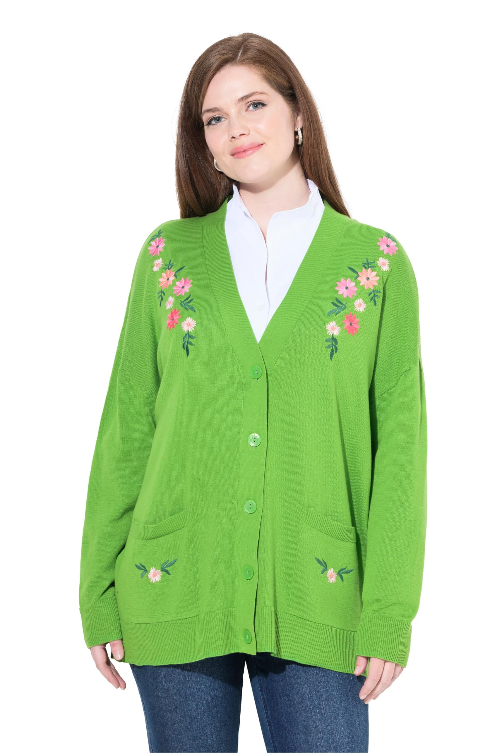 Ulla Popken Damen große Größen Übergrößen Plus Size Strickjacke, Blüten-Stickerei, V-Ausschnitt, Langarm 841055