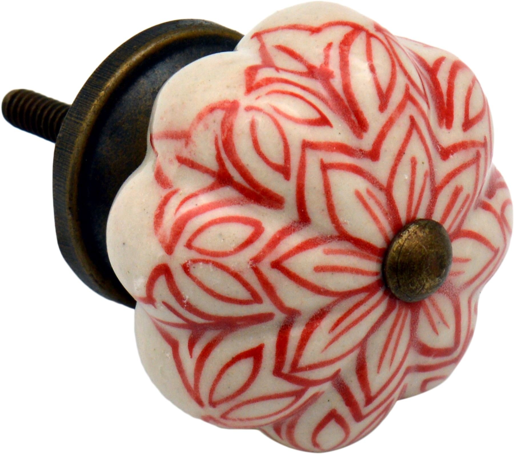 Nicola Spring Ceramic Cupboard Drawer Handle Knob - Vintage Flower Design - Red