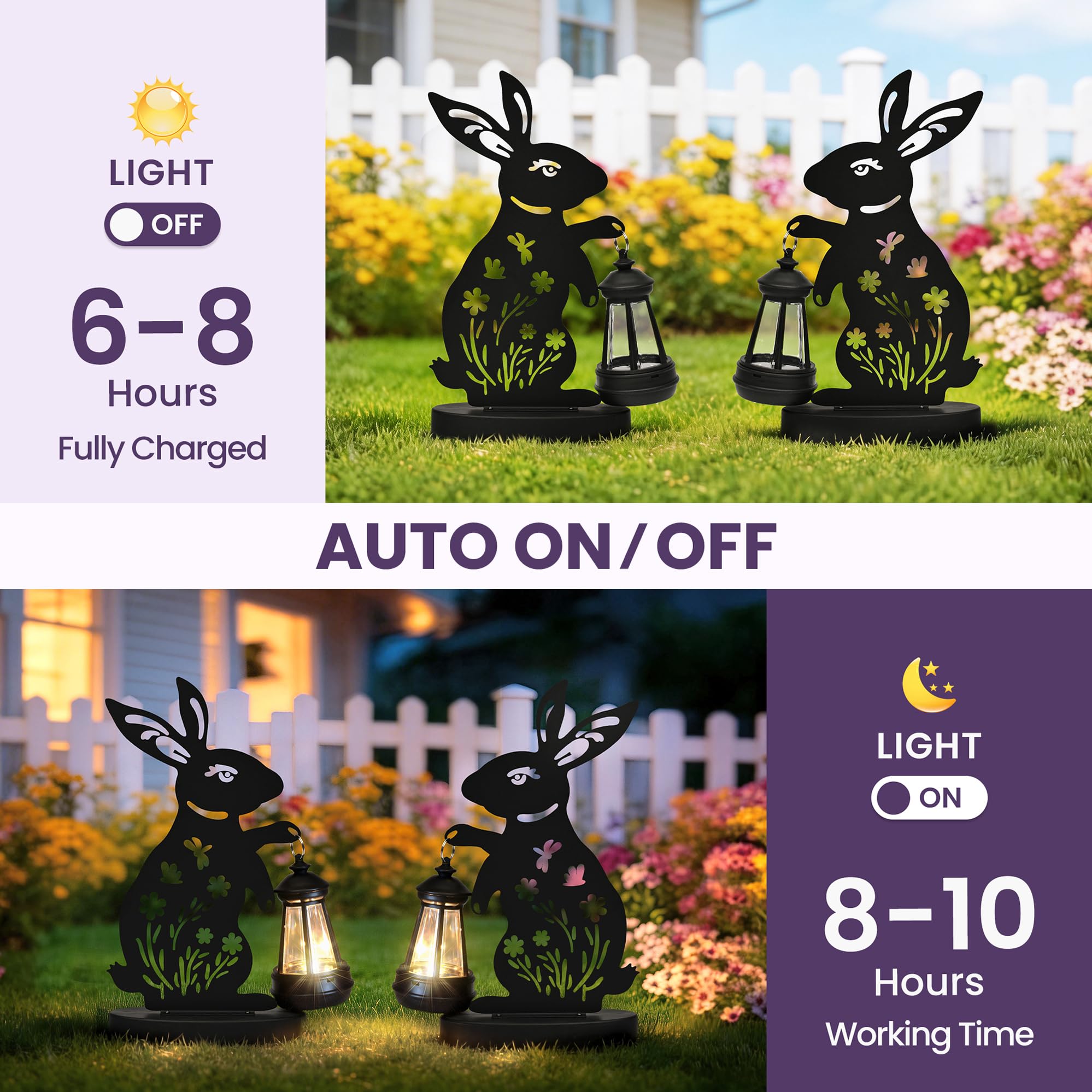 GIGALUMI Iron Rabbit Statue Garden Ornaments Outdoor with Solar Powered Lights,Unique Gifts for Mom,Women,Waterproof Garden Statue Decorations for Patio, Yard(2 Pack) — view 2