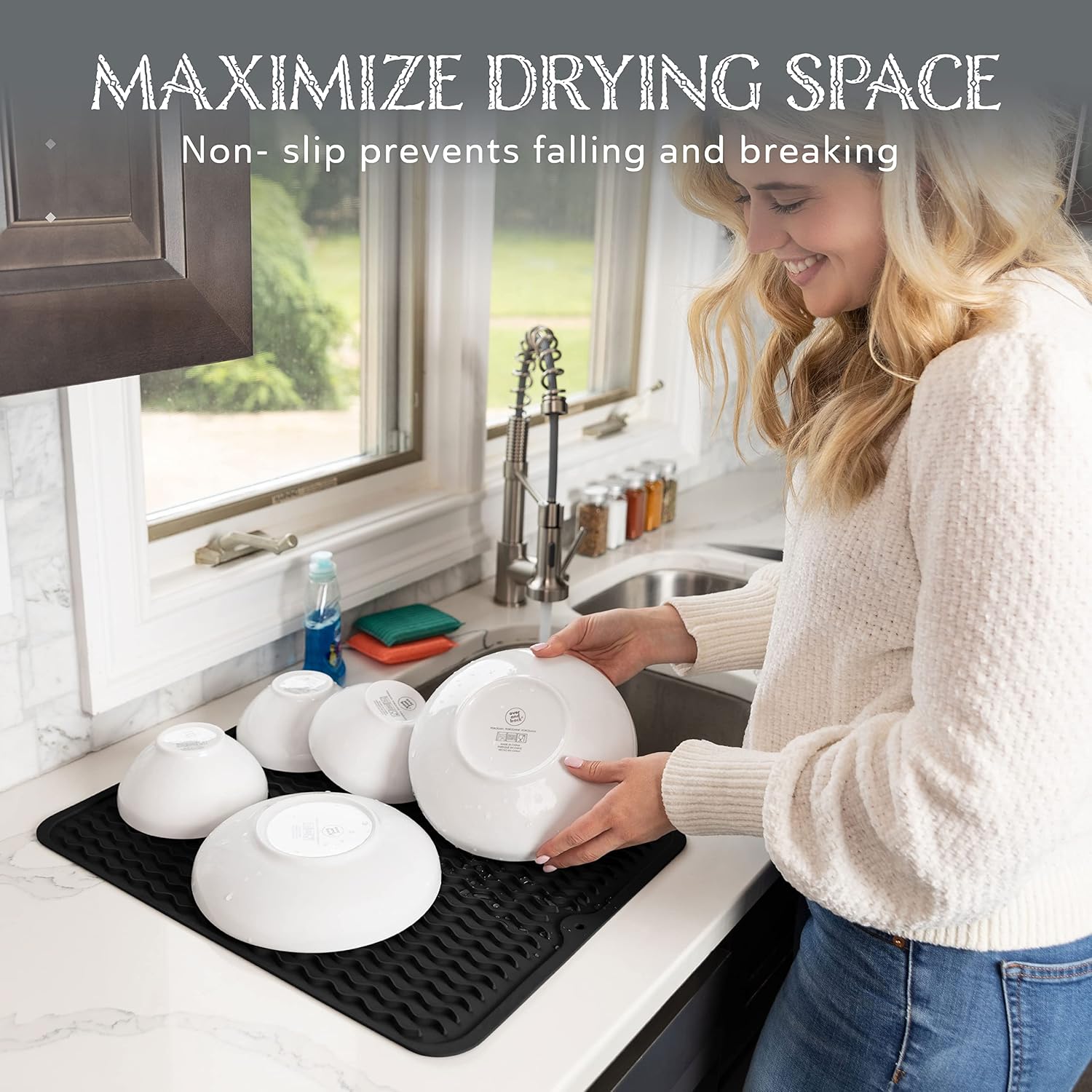 Oizeir Silicone Dish Drying Mat - Drain Hole, Non-Slip, Heat Resistant, Foldable. Great for Dishes, Kitchen Sink, Counter Top, Fridge Drawer Liner or Trivet for Hot Pots. (16" X 20" | Black)