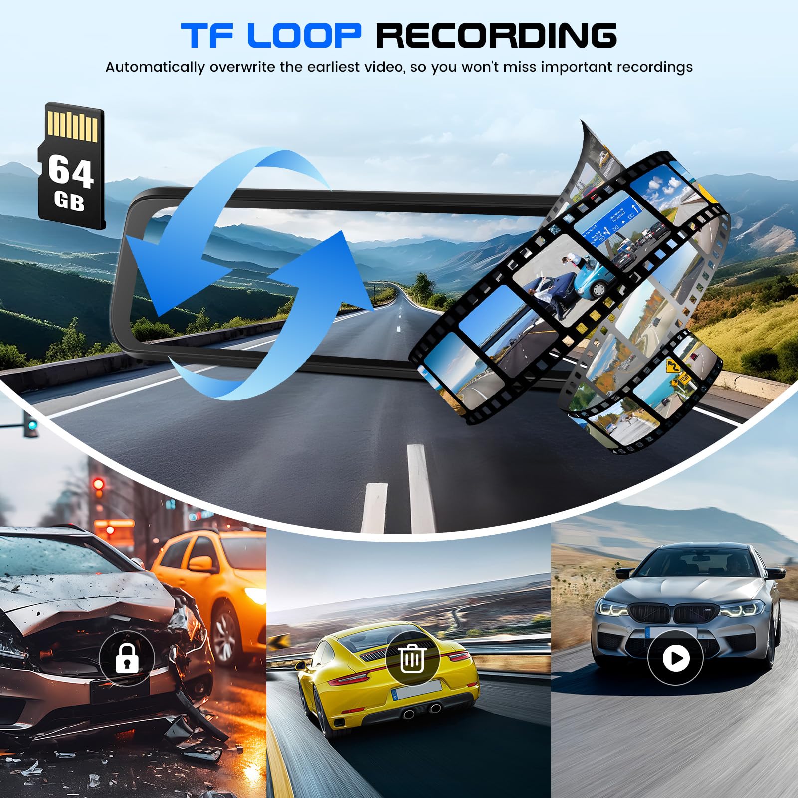 CAMECHO 9.66'' 4K Pantalla Táctil Dashcam Retrovisor Coche, Dash Doble CAM Frente y Trasero, Cámara Retrovisor para Coche con visión Nocturna,grabación en Bucle, Sensor G, GPS, ADAS, BSD