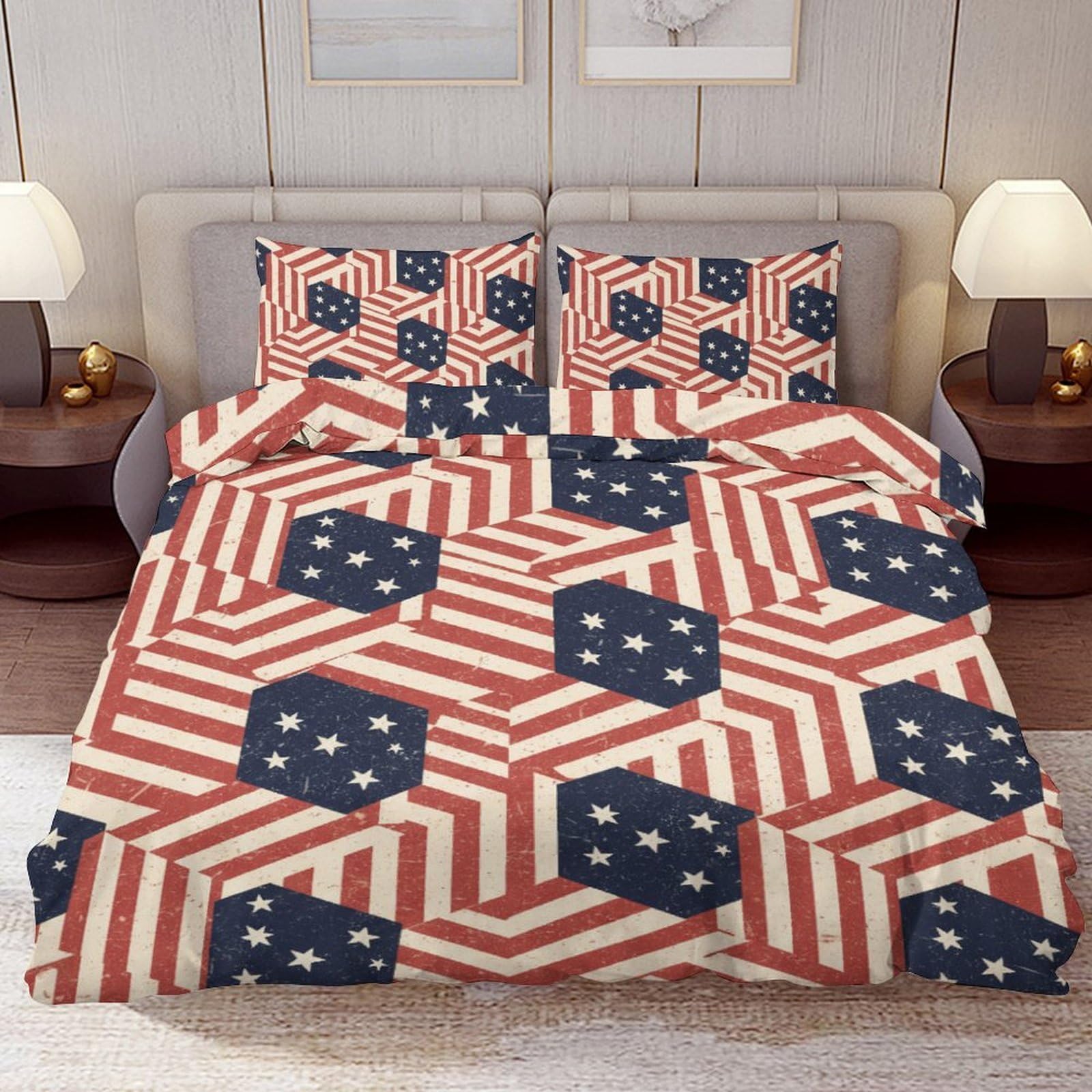 Delerain Comforter Cover Set Twin Size, Geometric American Flag Theme 3-Piece Bedding Set for Boys Girls Teens Modern Soft Microfiber Bedroom Set Room Decor, 1 Duvet Cover + 2 Pillowcases