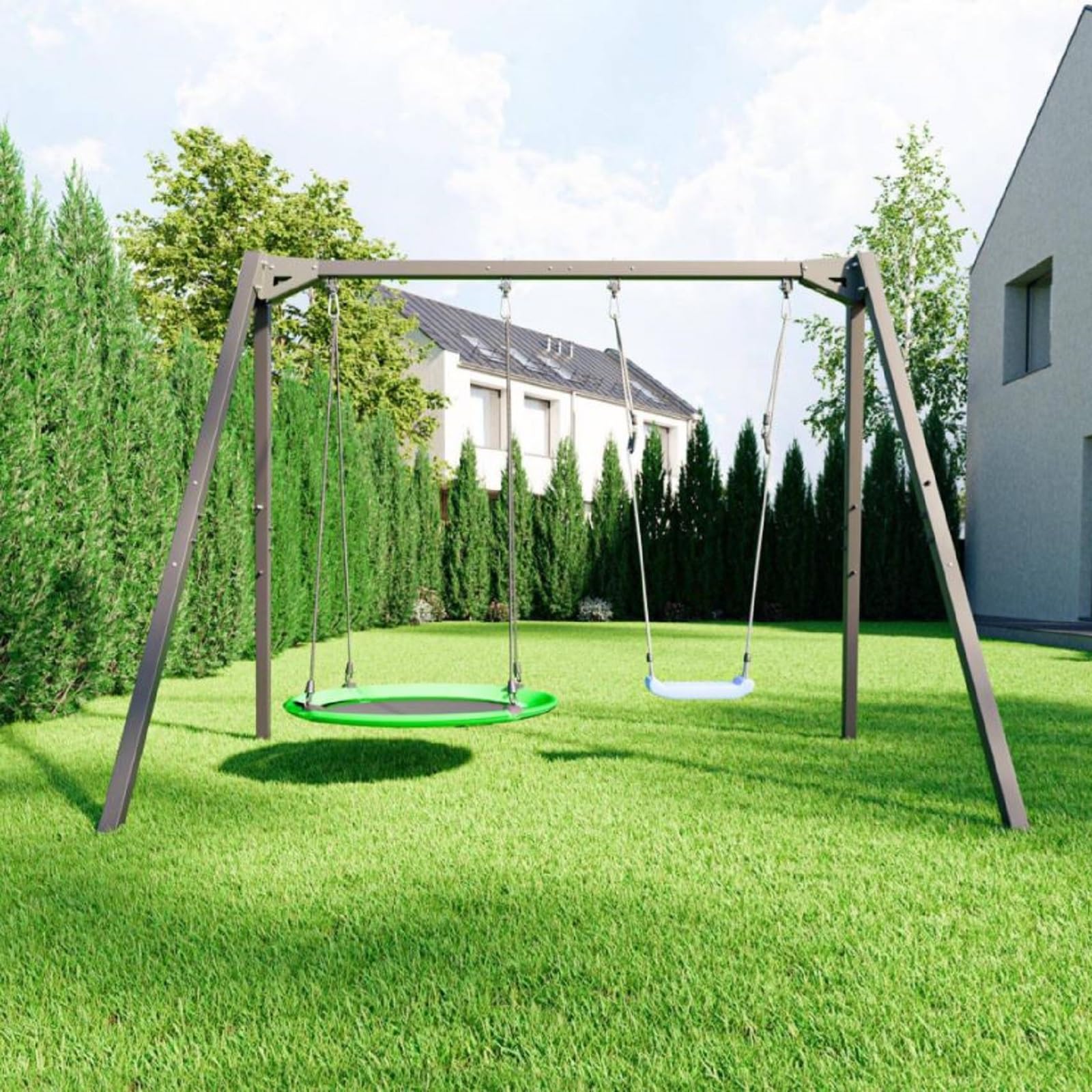 QLS Struttura acciaio per altalena doppia/nido 200 kg | Acciaio verniciato 60 x 60 x 2 mm, misure 306 x 172 x 212 cm, seduta e corde escluse