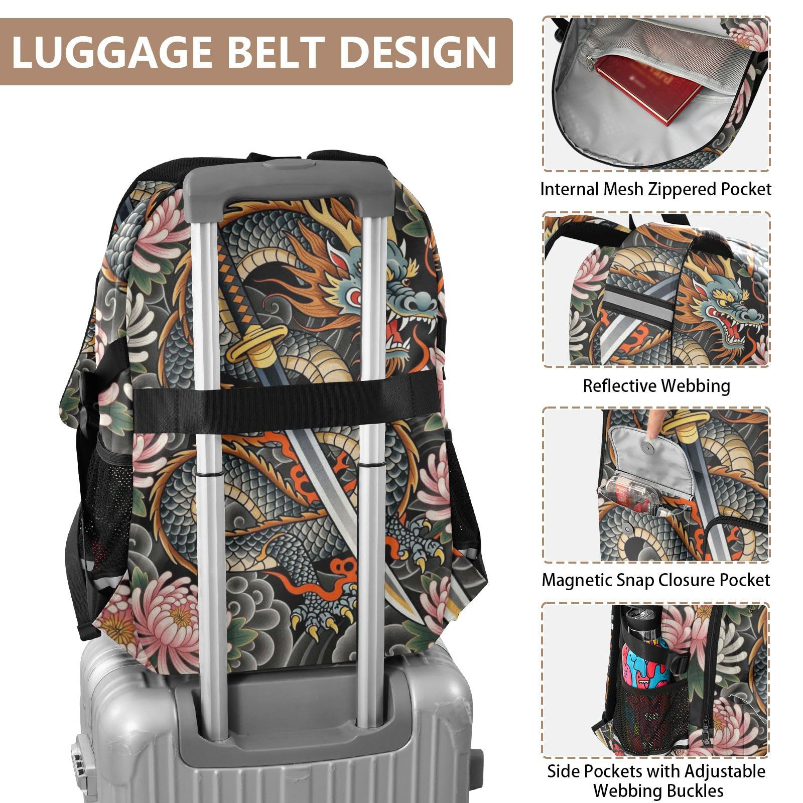 Grand sac à dos de voyage pour homme et fille Motif dragon et fleurs japonaises 44,5 cm