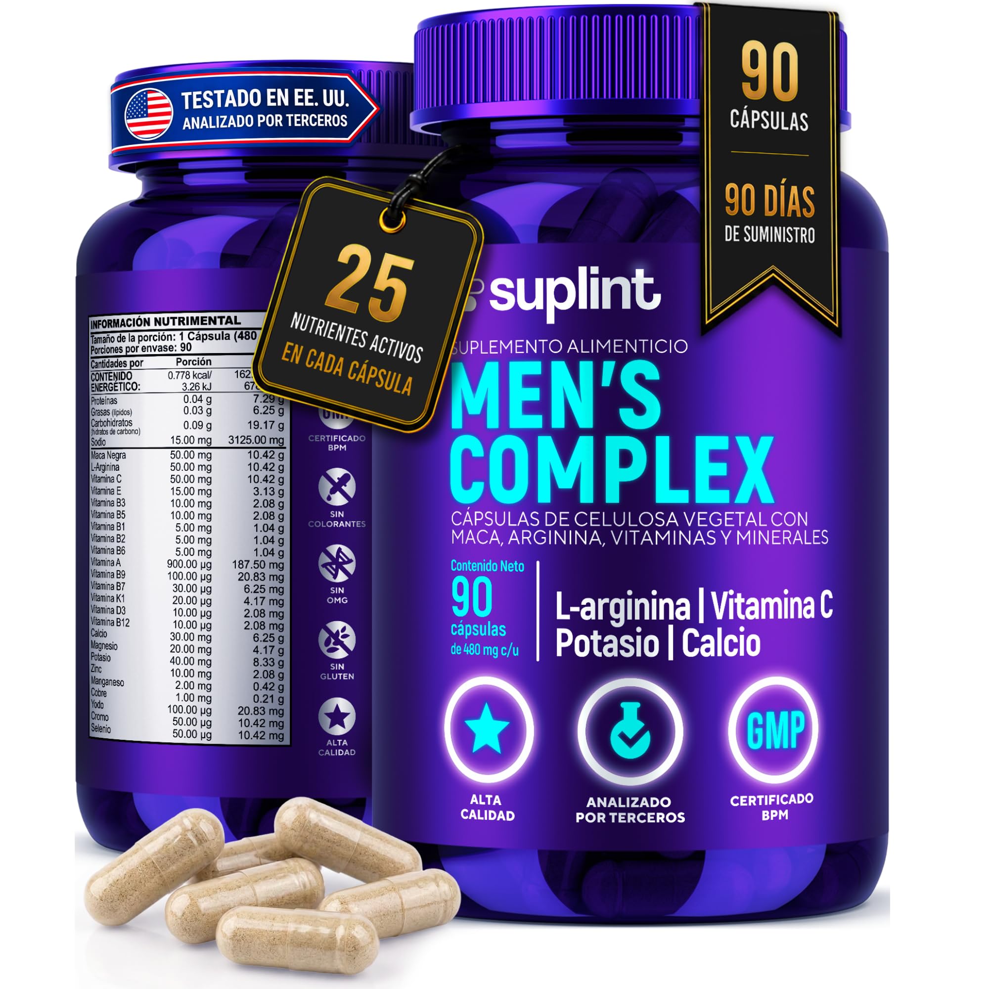 Vitaminas para Hombre – Multivitamínico Hombre con Maca Negra, L-Arginina, Vitaminas A, C, D3, E, Complejo B, Zinc, Magnesio y Potasio – Suplemento Diario – Sin Gluten – 90 Cápsulas