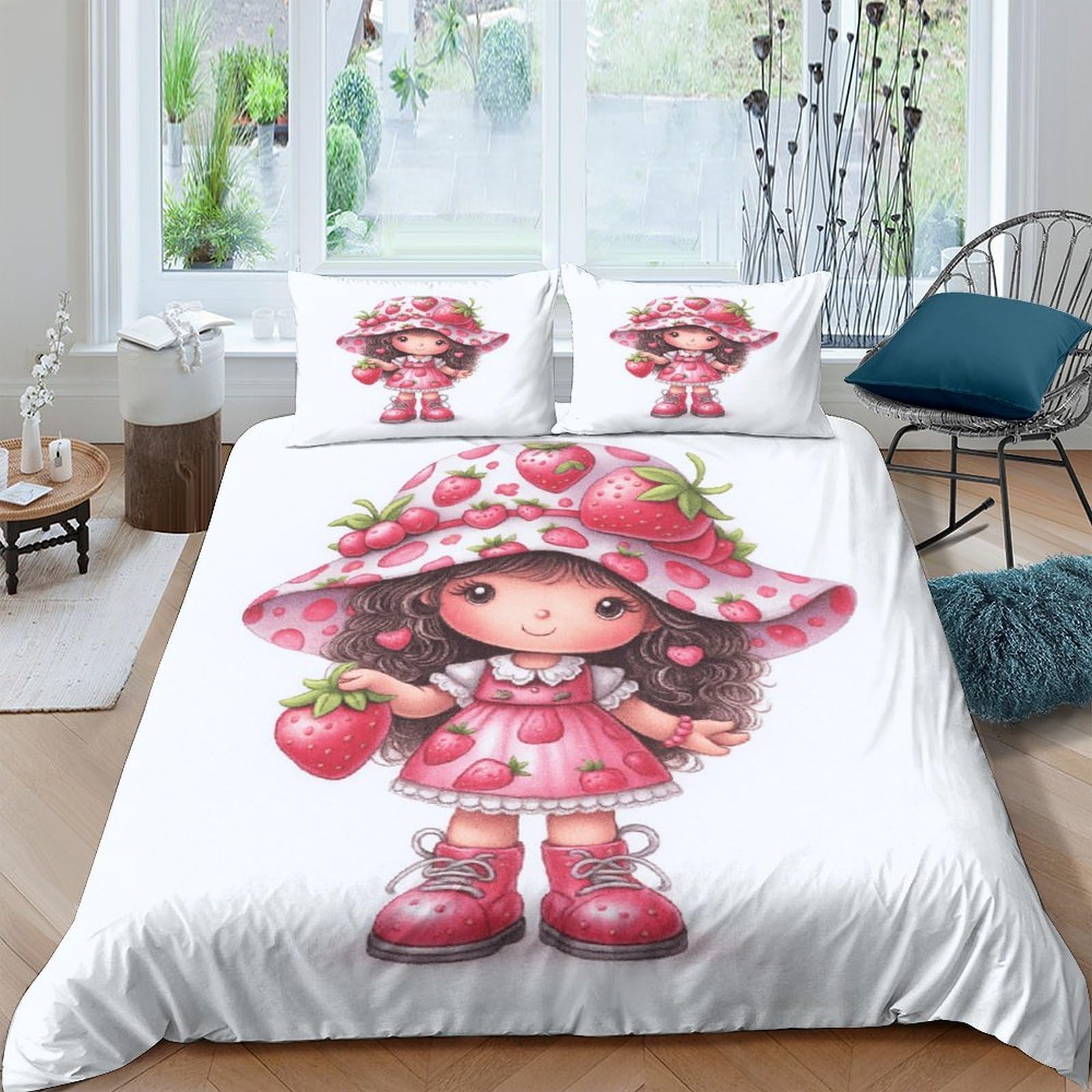 GPLZQXKJNH 3D Printed Strawberry Girl Duvet Cover Microfiber Pink Cartoon Bedding Set with 2 Pillowcases for Bedroom Home Decor Single（135x200cm）