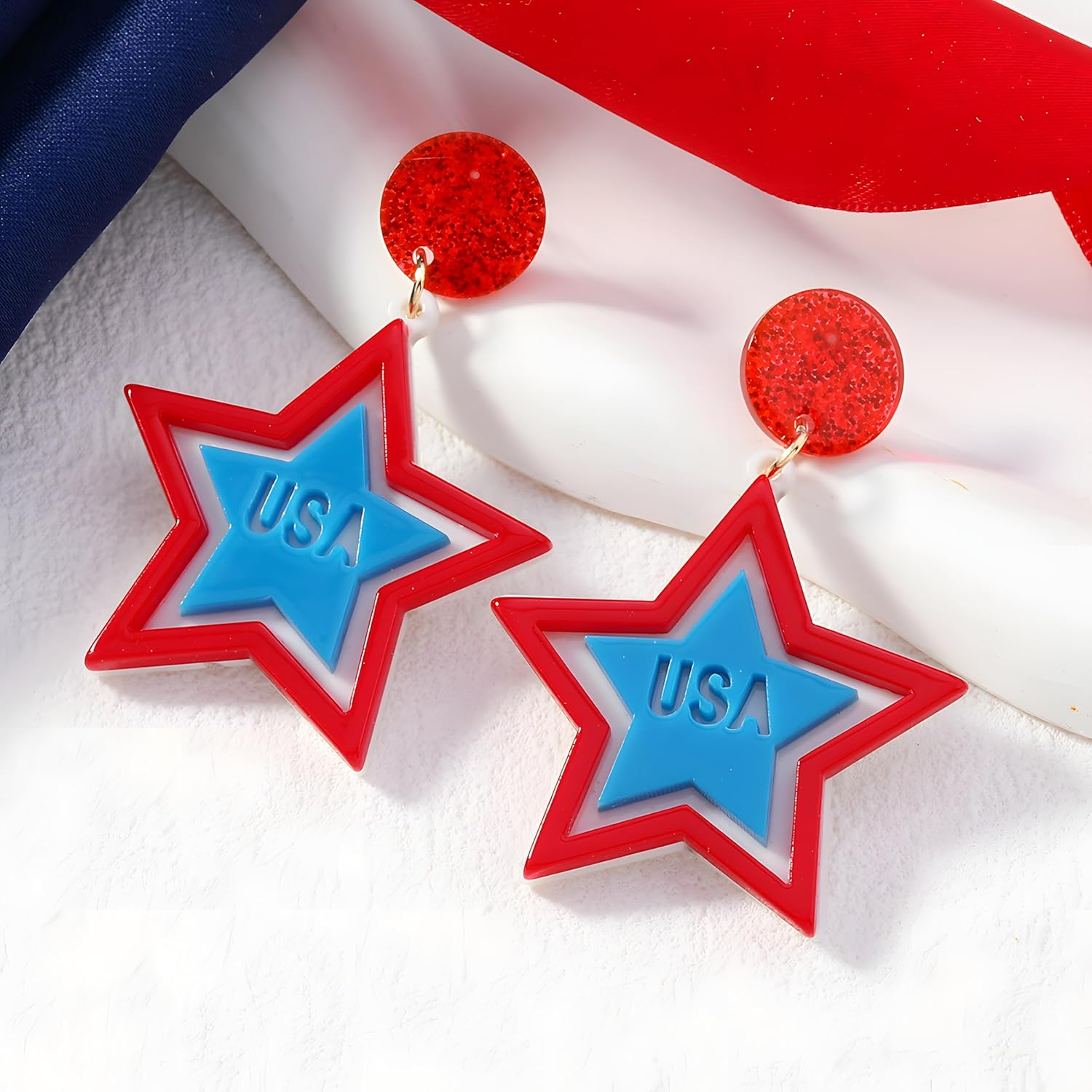Patriotic 4th of July Sparkling Star-Drop Earrings for Women - Red White Blue USA Flag Dangle Earrings with hypoallergenic Design Independence Day Holiday Gift - Image 2
