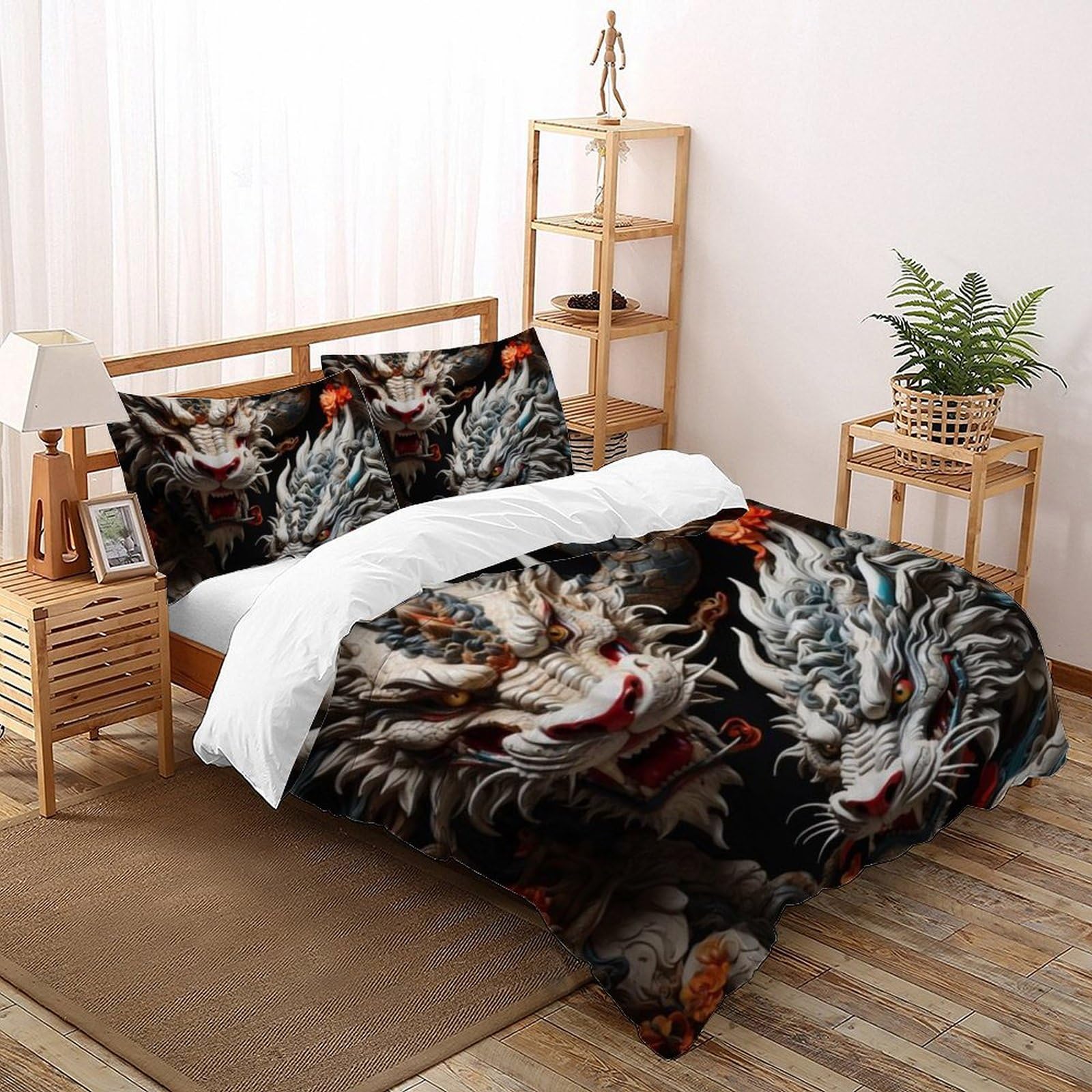 Housse de couette dragon gris anti-plis en microfibre douce 3D