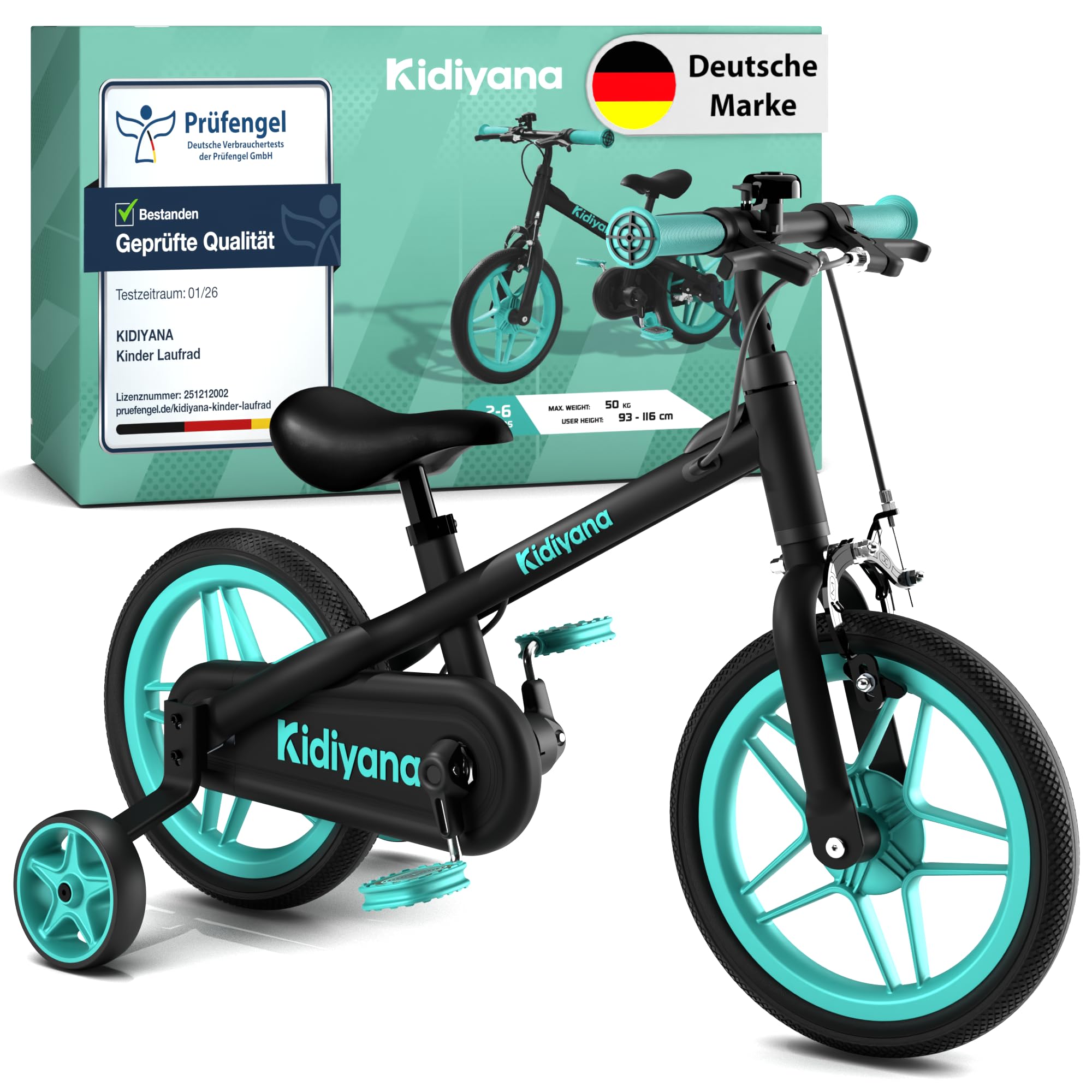 3-in-1 Kinderfahrrad ab 2 Jahren mit abnehmbaren Pedalen & Stützrädern – Laufrad 12 Zoll mit Handbremse, Klingel, höhenverstellbarem Sattel & Lenker, Balance Bike mit Aluminiumrahmen