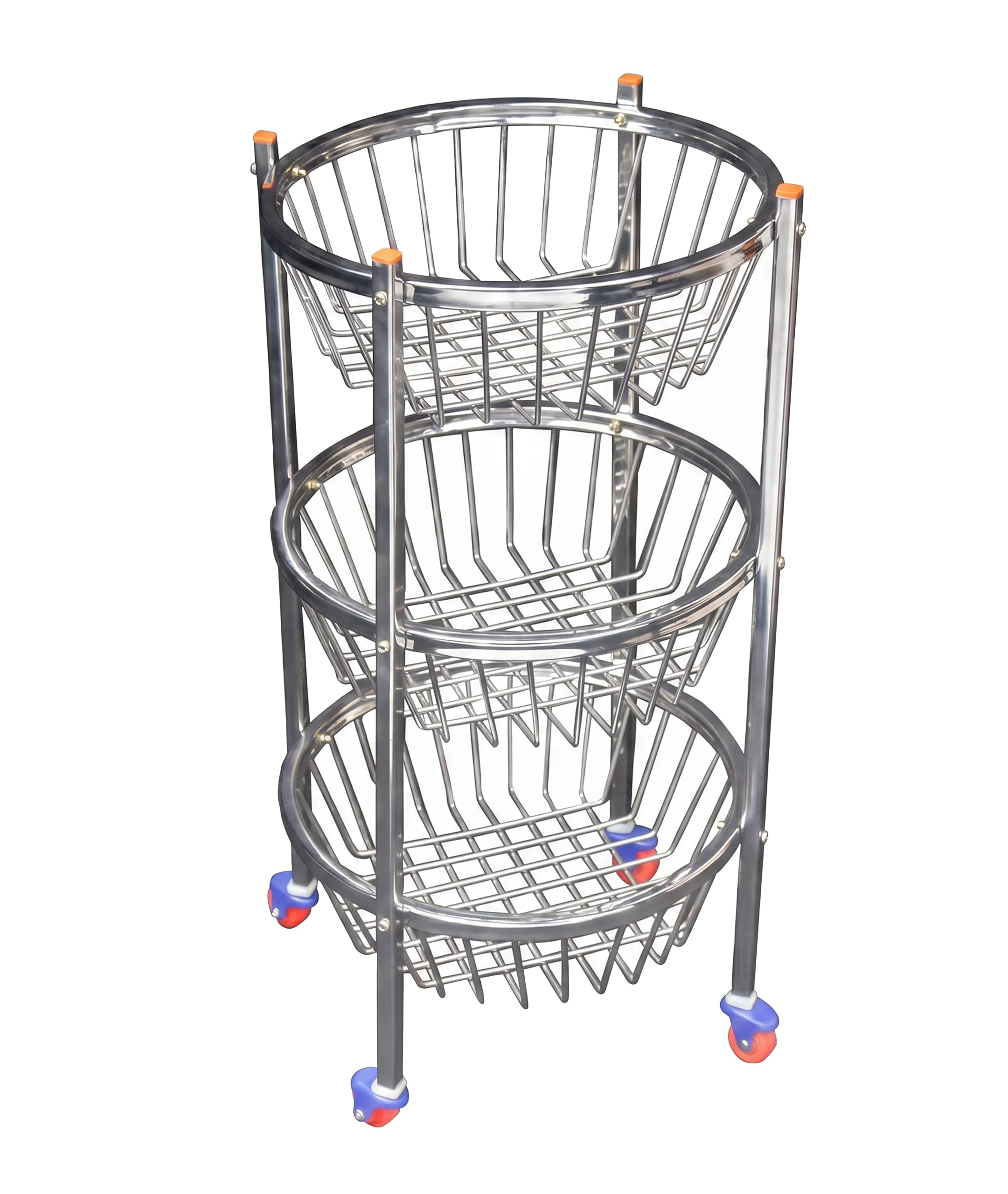 Conex Stainless Steel 3 Tier Kitchen Trolley Rack with Wheels, Round Pattern Fruit & Vegetable Storage Rack, Sabji Stand, Kitchen Trolley Basket, 3 Layer Multipurpose Storage Stand for Kitchen-image-12