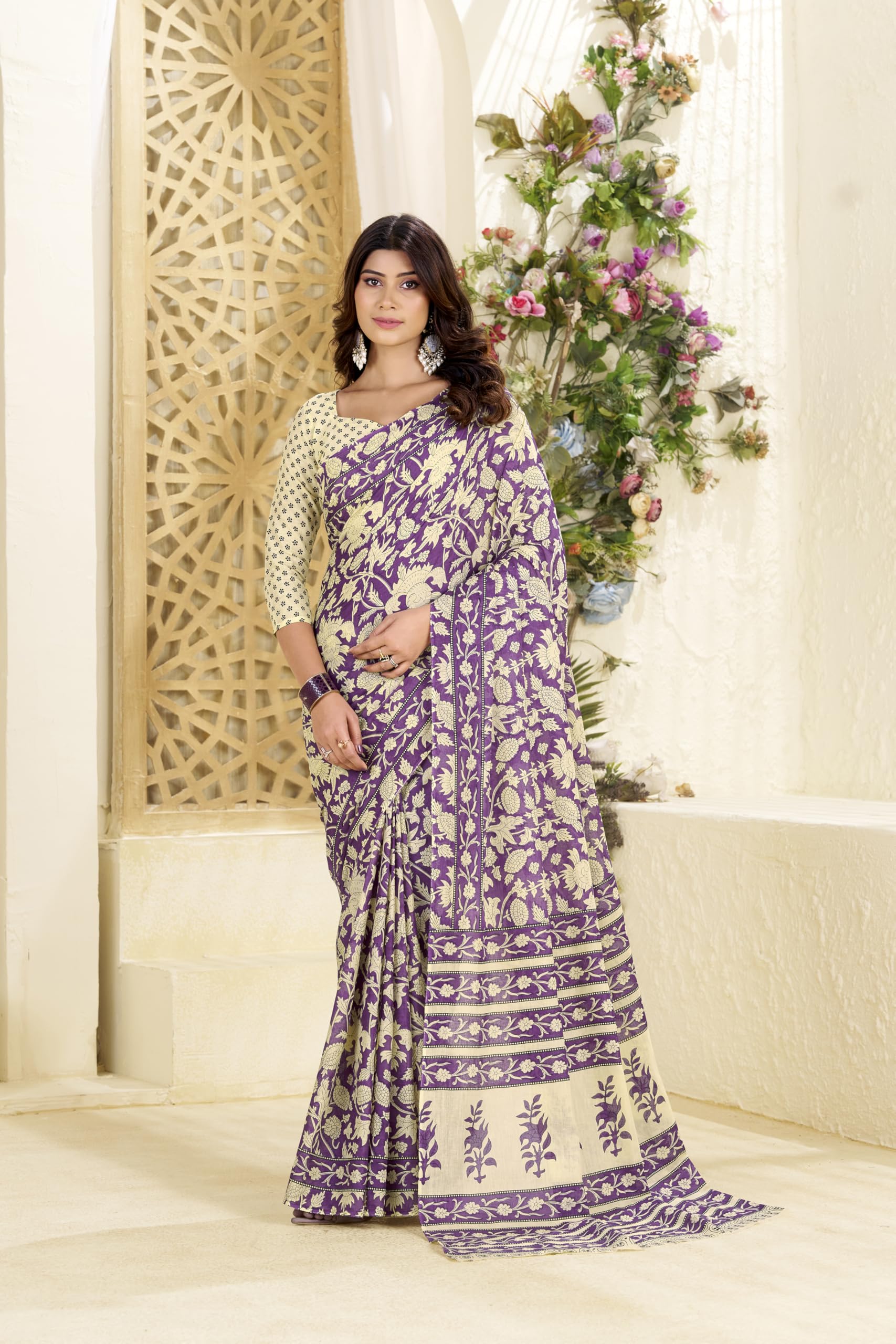 Kalaanj Sari für Damen || Bedruckter Baumwoll-Sari mit Bluse (KALSS25SAR-2101-2104)