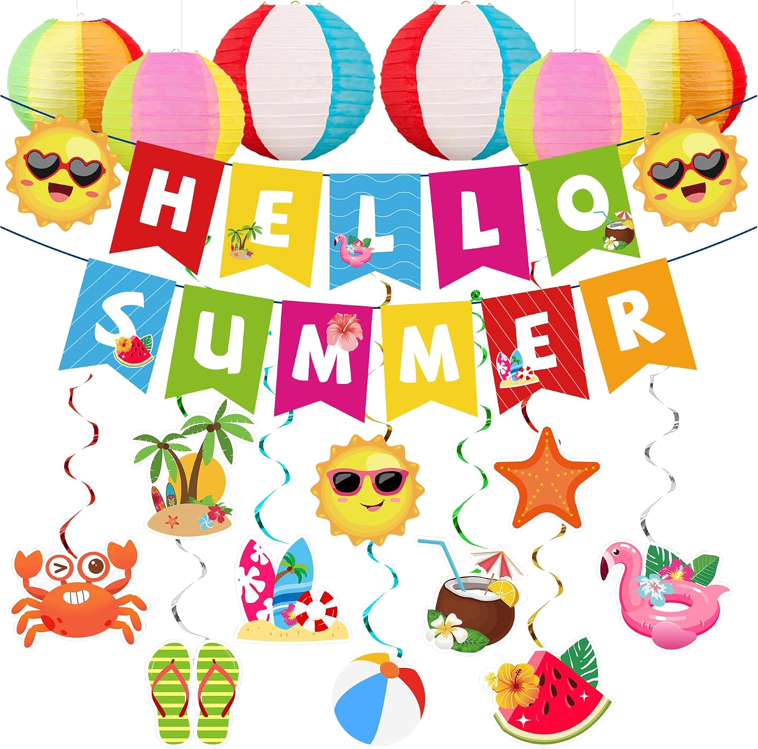 DMIGHT Summer Party Decorations Kit, Beach Pool Party Decorations, Hello Summer Banner with Beach Pool Hanging Swirls, Beach Ball Paper Lanterns for Home, Office, School, Classroom