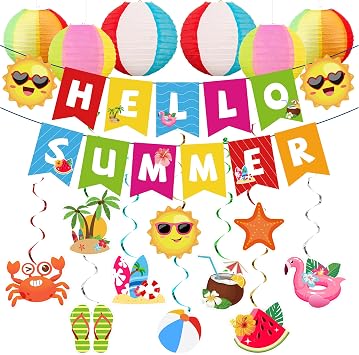 DMIGHT Summer Party Decorations Kit, Beach Pool Party Decorations, Hello Summer Banner with Beach Pool Hanging Swirls, Beach Ball Paper Lanterns for Home, Office, School, Classroom