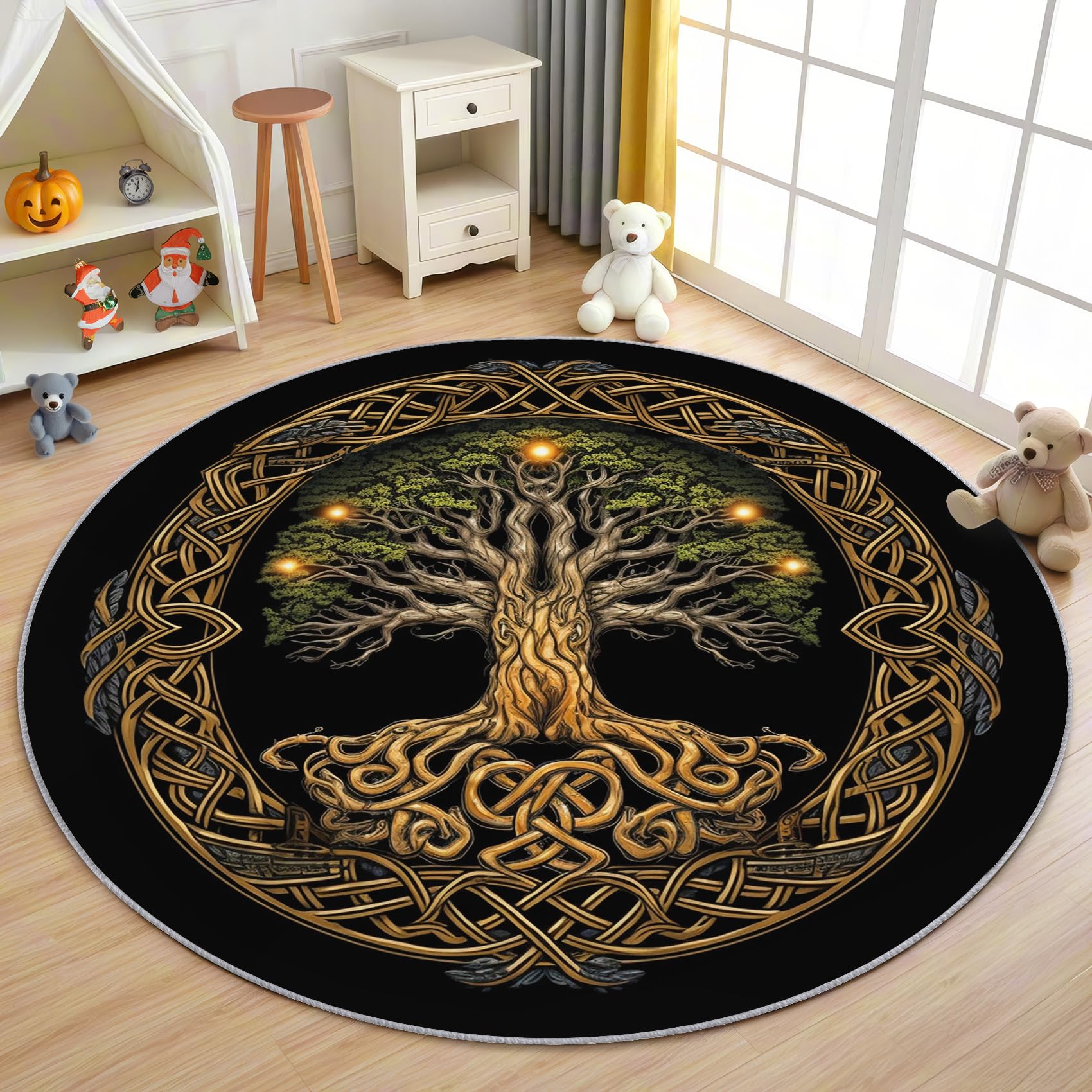 Wikinger Teppich Rund 120cm Kurzflor - Waschbare Teppiche Wohnzimmer Baum des Lebens - Runder Teppich 120 Durchmesser Kinderzimmer - Bettvorleger Schlafzimmer rutschfest Weich