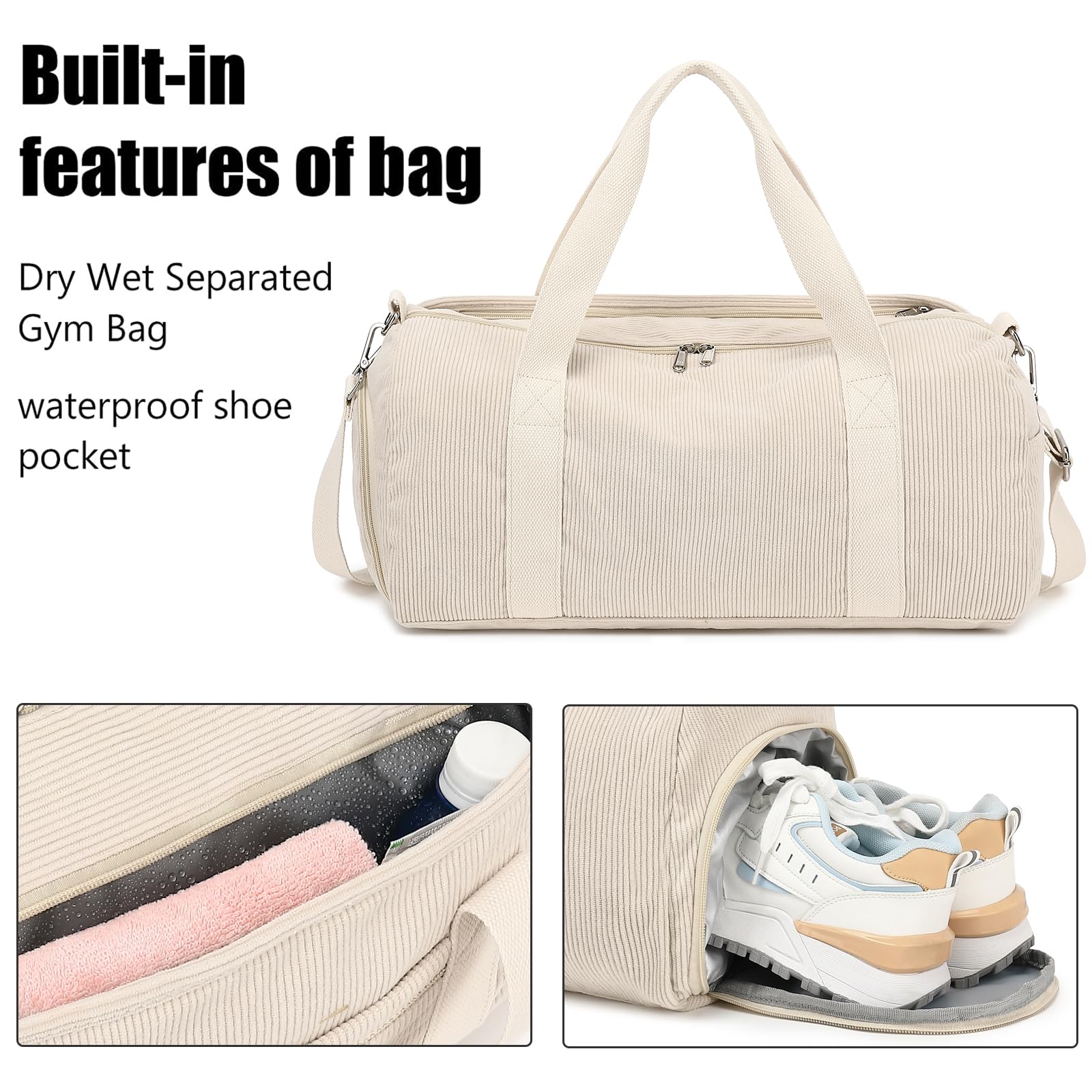 LOIDOU Sporttasche Reisetasche Damen Fitnesstasche mit großem Schuhfach Nassfach Sport Travel Bag Trainingstasche Frauen für Frauen Reisen Fitnessstudio Yoga (Beige)
