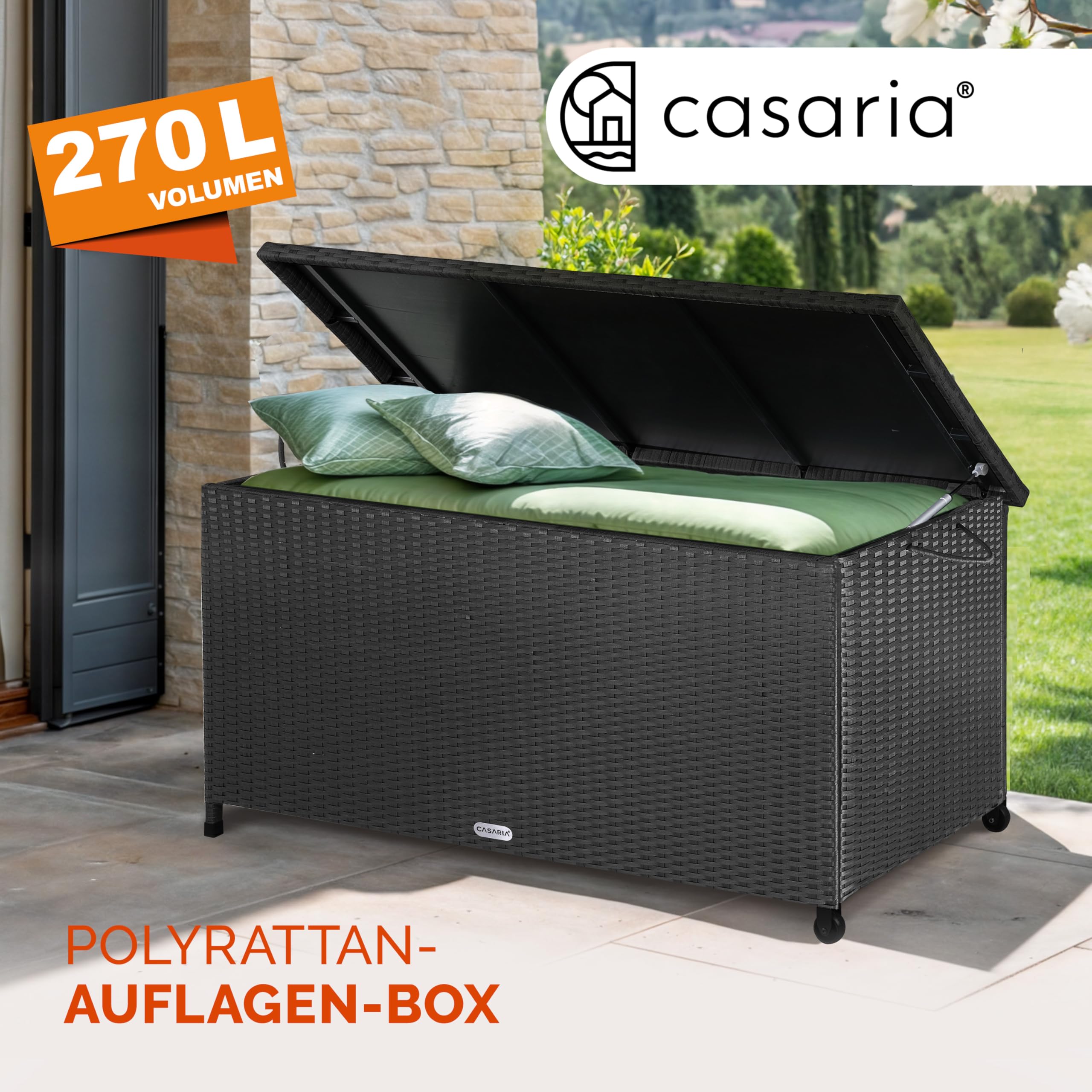 Casaria® Gartenbox Auflagenbox mit Rollen 270L Stauraum UV-beständig Handgriffe Gasdruckfeder Wetterfest 117x53cm Garten Aufbewahrungsbox Schwarz