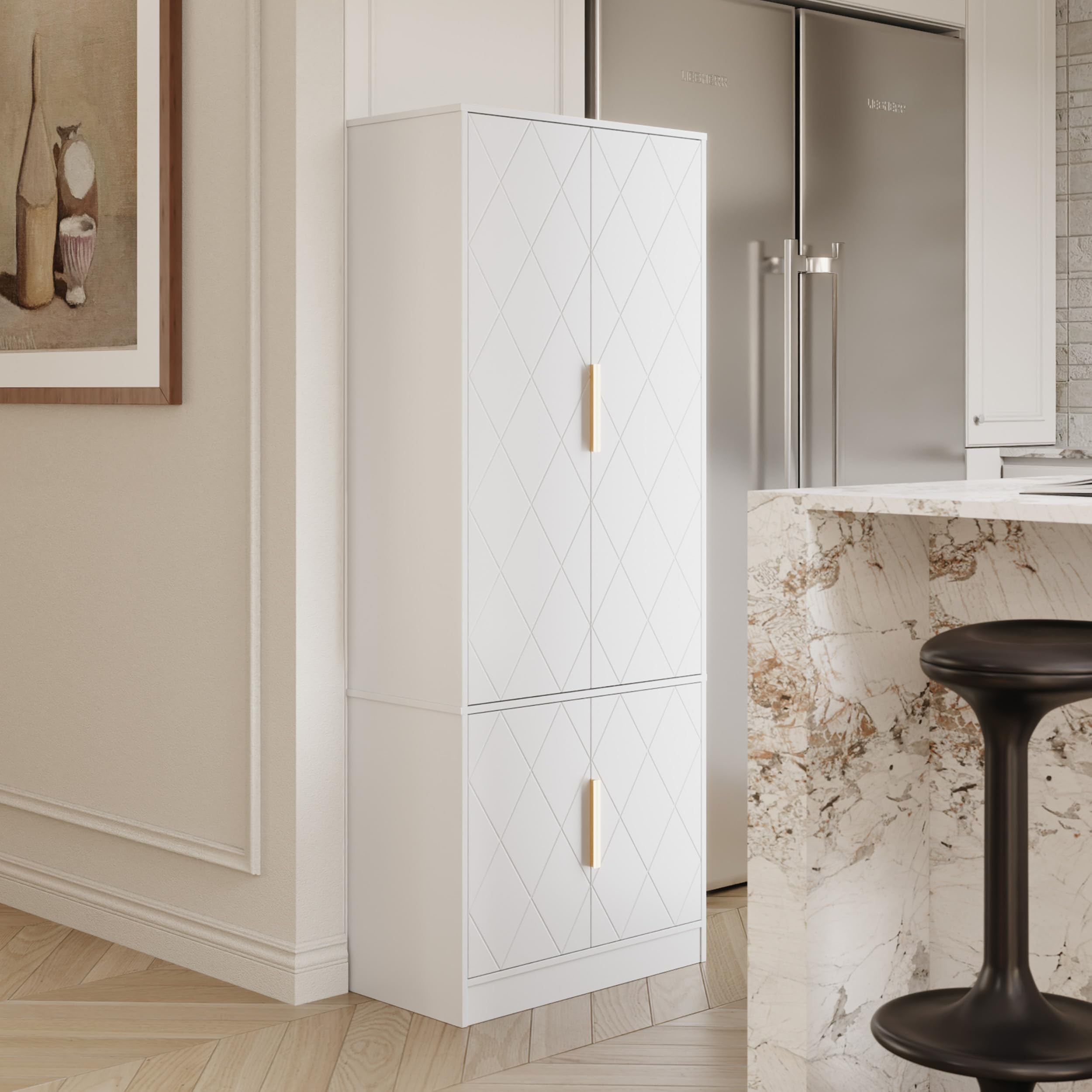 UEV Hochschrank mit 4 Türen, Kücheschrank, Badzimmerschrank Mehrzweckschrank Aktenschrank mit verstellbare Ablage vielseitig einsetzbar für Büro, Flur, Küche, Hauswirtschaftsraum 60x30x150cm Weiß