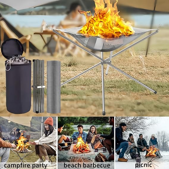 Portable Fire Pit for Camping, Foldable Stainless Steel Mesh Fire Pit with Carrier Bag and Heat Resistant Gloves, Camper Van Accessories Perfect for For Outdoor Camping, BBQ, Patio and Garden
