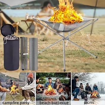 Portable Fire Pit for Camping, Foldable Stainless Steel Mesh Fire Pit with Carrier Bag and Heat Resistant Gloves, Camper Van Accessories Perfect for For Outdoor Camping, BBQ, Patio and Garden