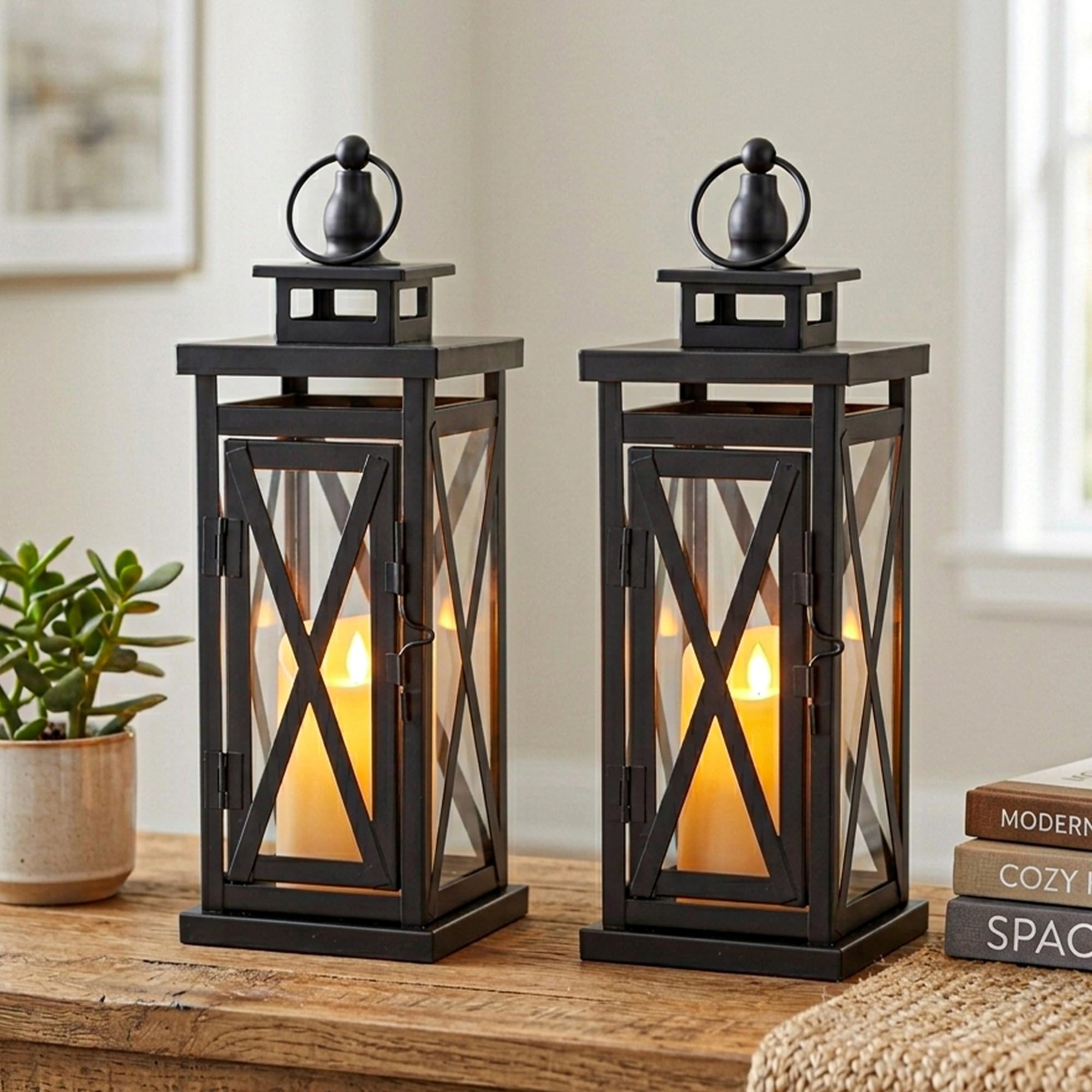 Trirocks Black Set Of 2 Deacorative Candle Lantern 11'' High Metal Candle Holder Hanging Lanterns With Tempered Glass Perfect For Indoor Outdoor Home Decor Parties Garden Events Wedding (Black)