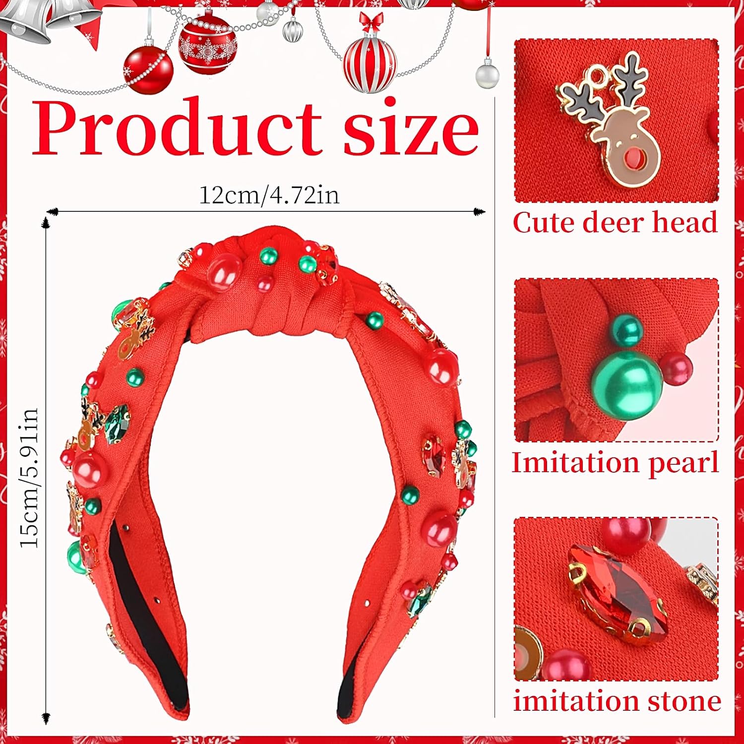 Christmas Headband for Women Pearl Knotted Headband Xmas Red Green Pearl Bow Reindeer Snowflake Rhinestone Crystal Jeweled Hairband Wide Top Knot Hair Bands (05.elk red, 1 Count (Pack of 1)) - Image 6