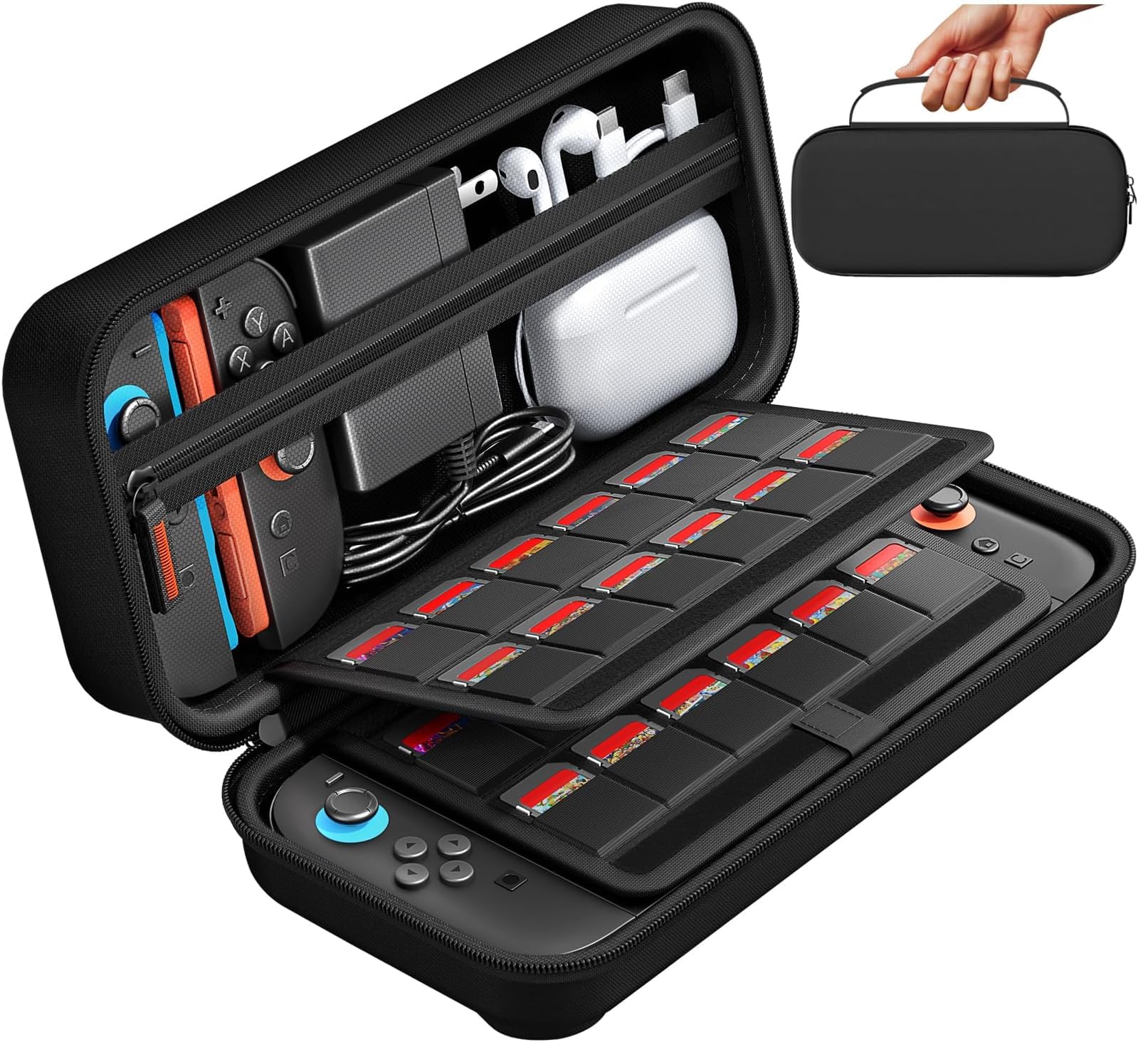 24-Game Hard Shell Travel Case - Protective Carrying Pouch for Handheld Consoles & Accessories | Shockproof Storage with Game Cartridge Holders (Fits Most 8-10 Inch Gaming Devices)