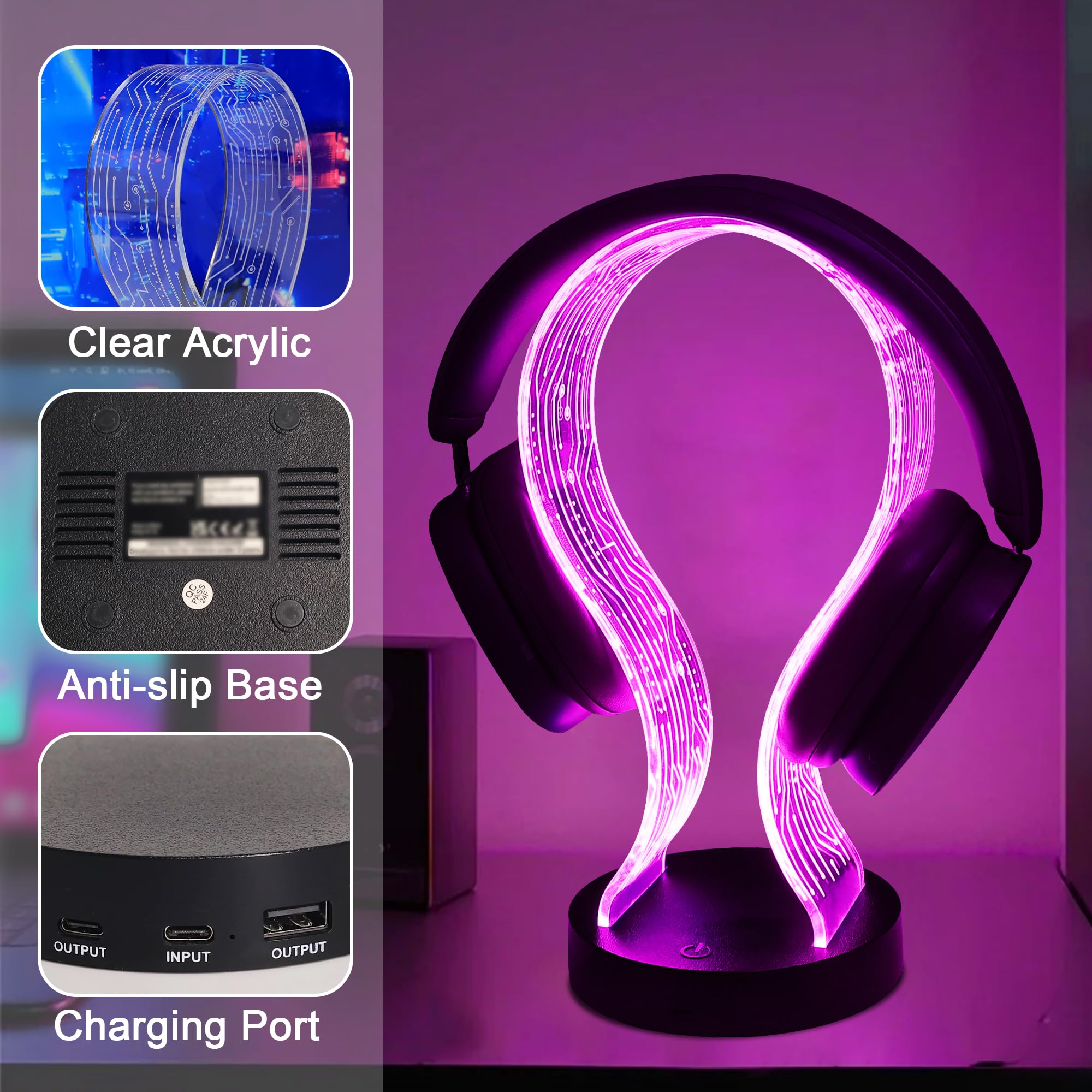 Ammonite Light Up Headphone Stand, 16 Farbe leuchtet Gaming Schreibtisch Accessoire mit 1 USB-Ladeanschluss und 1 Typ-C-Ladeanschlüsse, USB-Power und PCB-Muster, Geschenke für Gamer Freund Junge Mann