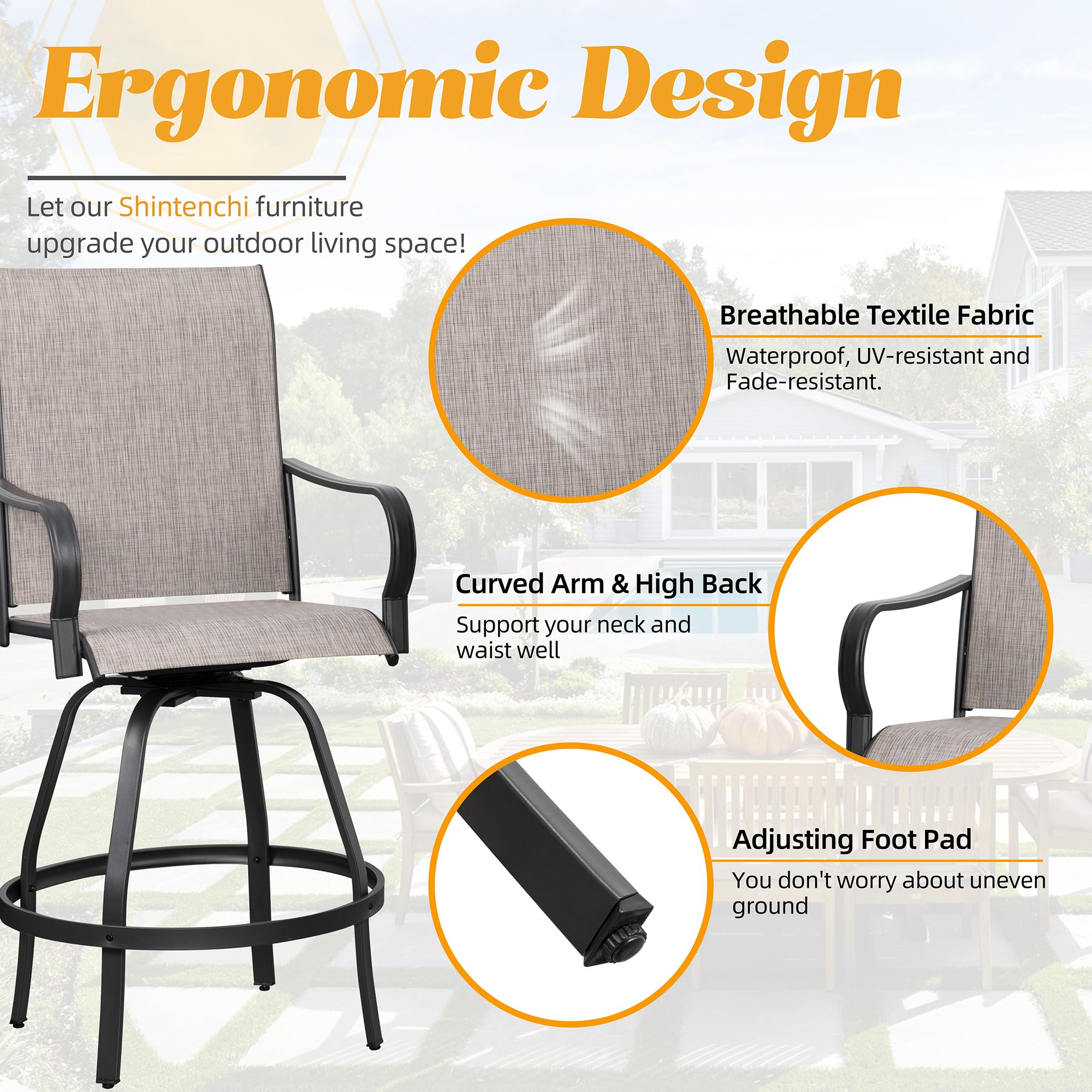 5-Piece Outdoor Swivel Bar Set - 4 Textilene High Bar Stools & Glass Top Table For Patio, Garden, Backyard, Porch