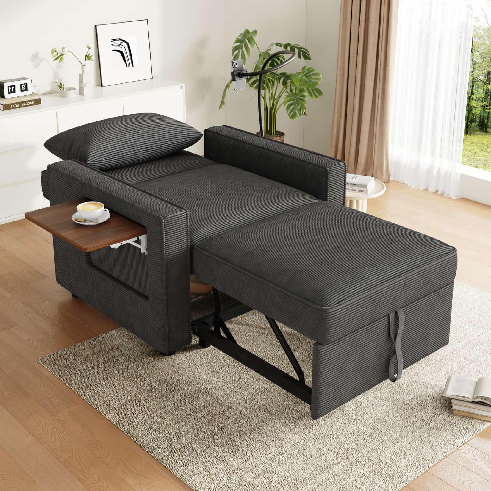 Canapé 1 Place Convertible avec Table d'appoint,Fauteuil Relax,Petit Canapé Lit Pliable,Chaise Longue,avec Port USB et Support pour Téléphone Portable (Gris-Velours côtelé-1)