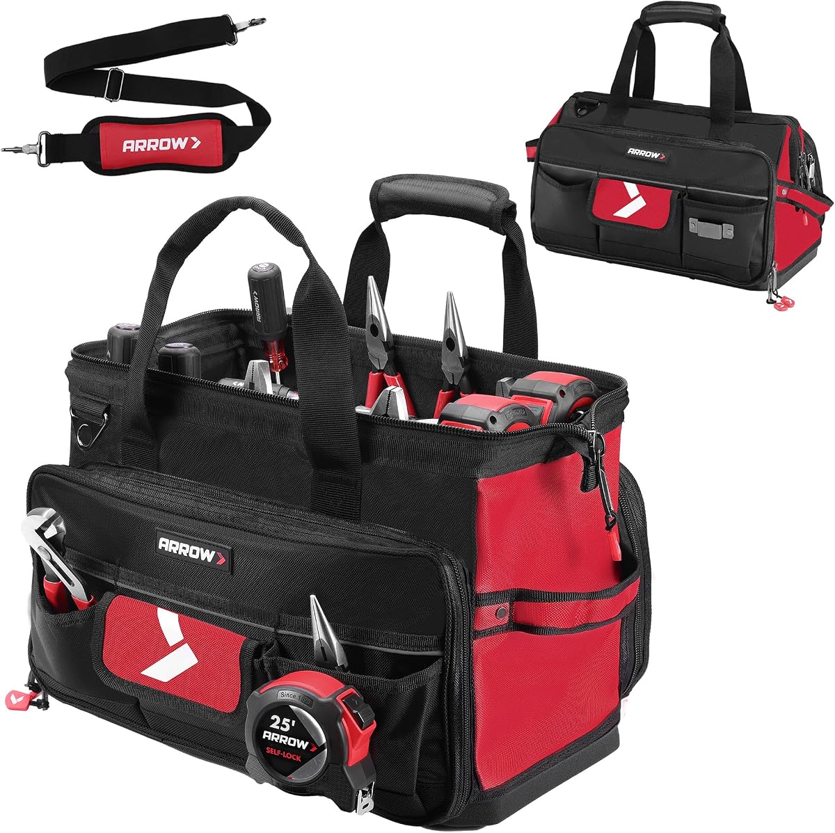 ARROW 17" Large Tool Bag with 36 Multipurpose Pockets, Tool Bags for Men | Heavy Duty, Waterproof Hard Base, Reflective Band, Wide Open Mouth Toolbag for Electrician Mechanic Plumber HVAC