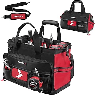 ARROW 17" Large Tool Bag with 36 Multipurpose Pockets, Tool Bags for Men Heavy Duty with Waterproof Hard Base, Reflective Band, Wide Open Mouth Toolbag for Electrician Mechanic Plumber HVAC