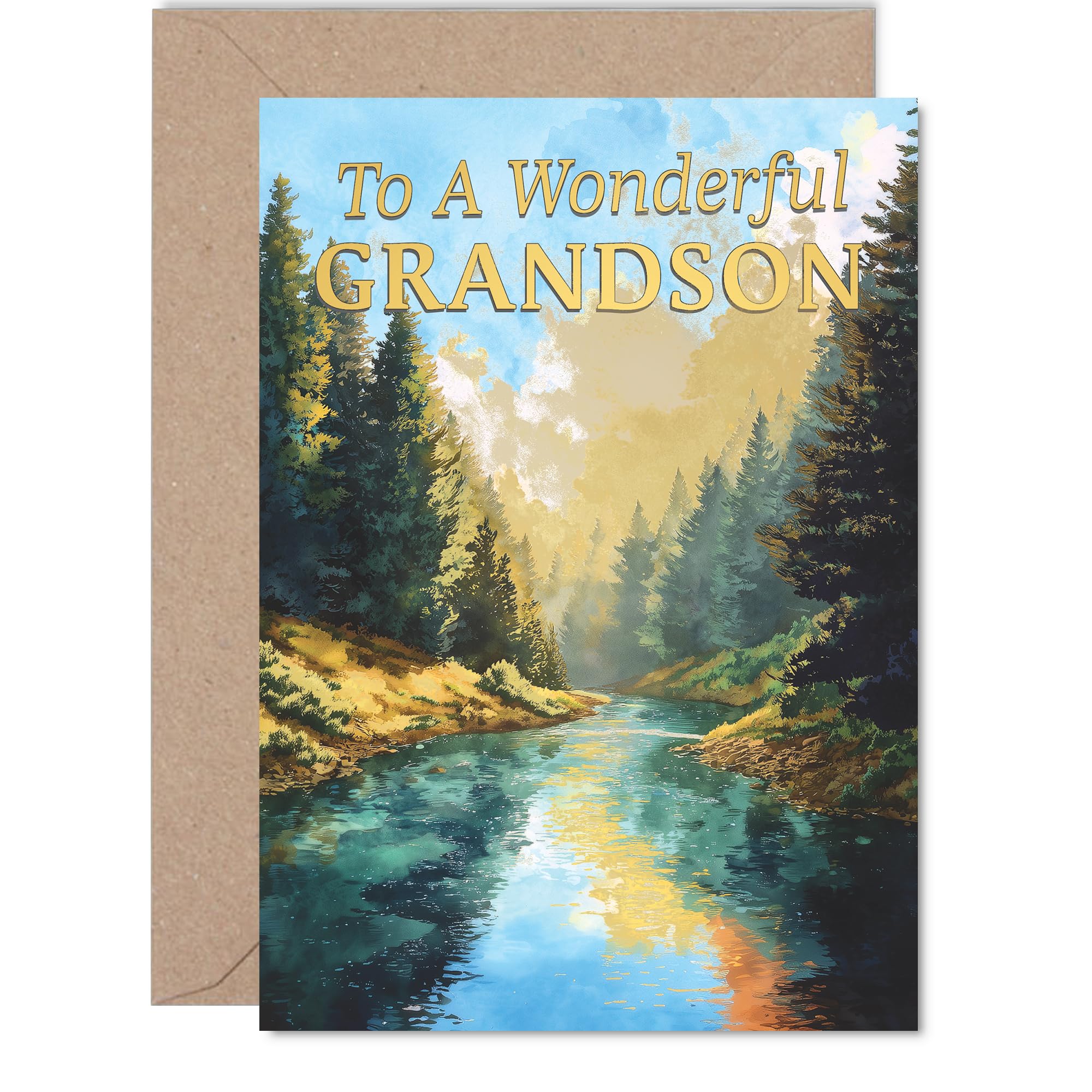 Heartfelt Birthday Card for Grandson - Warm Wishes and Peaceful Landscape - Serene River and Trees Design - Creates a Truly Special Birthday Moment - 5x7 Inch, Envelope Included
