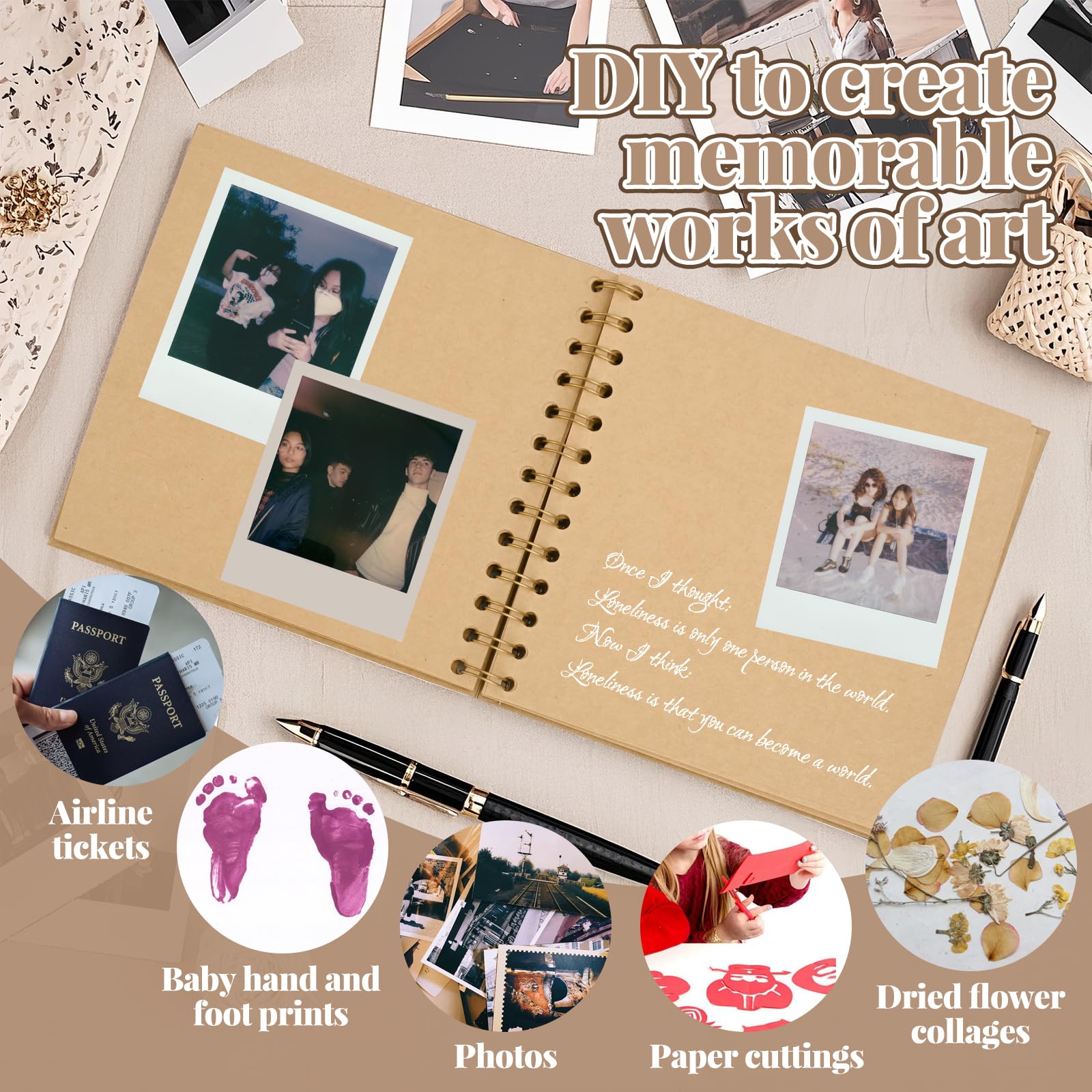 Album Fotografico Scrapbook Con Pagine Nere, 80 Pagine Fai-Da-Te per Coppia, 4 Adesivi, 4 Stencil, 10 Pennarelli Colorati - Ideale per Anniversario
