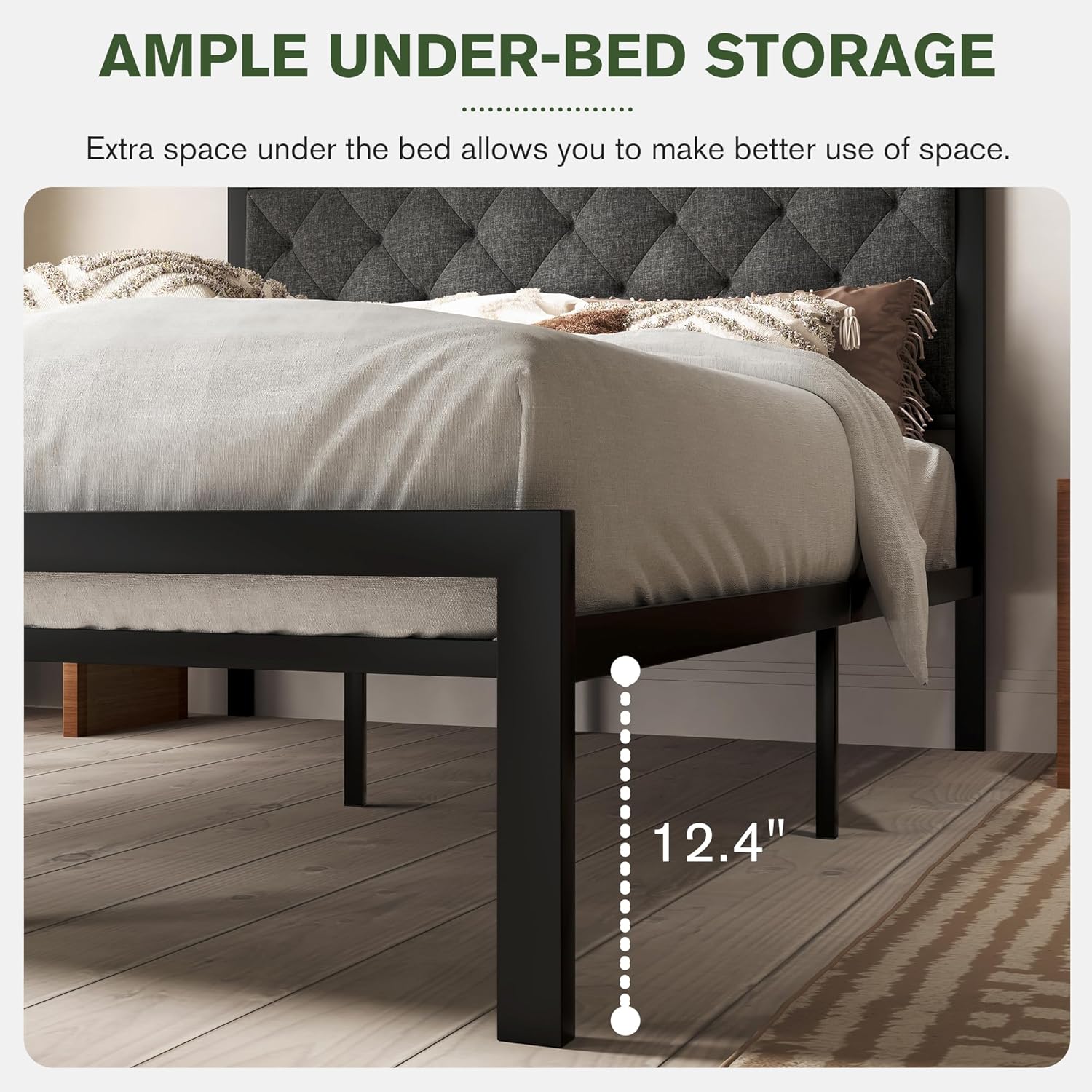 MUTICOR Stylish Queen Size Bed Frame with Tufted Headboard, Soft Padded Design，Sturdy Metal Slats, 12.4" Under Bed Storage,No Box Spring Needed, Easy Assembly,Dark Grey