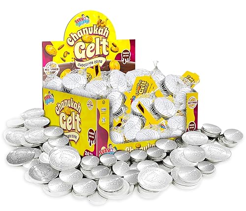 Hanukkah Gelt Coins Chocolate  Monedas de chocolate amargo kosher sin nueces (Parve)  24 bolsas de malla rellenas con menorá en relieve monedas de