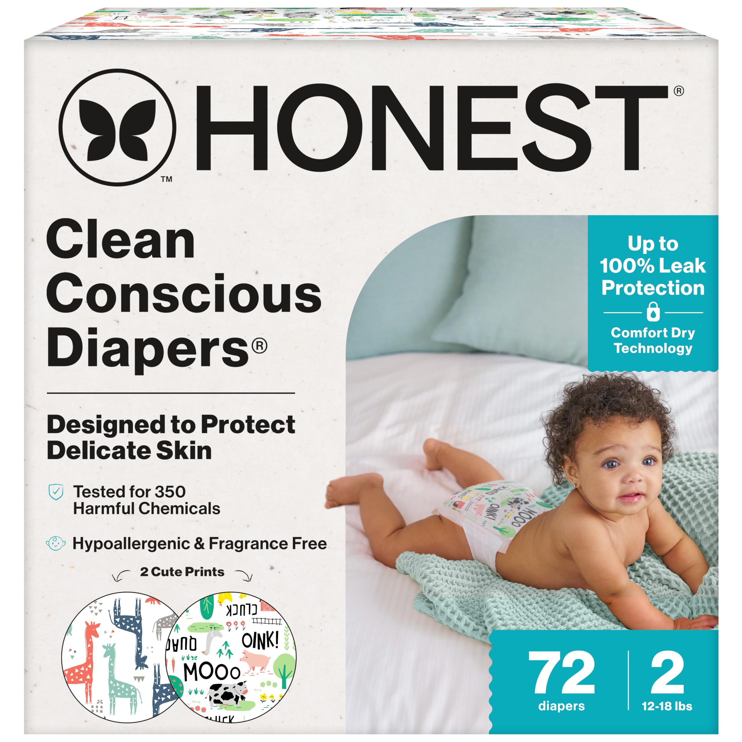 The Honest Company Comfort Dry Disposable Diapers for Sensitive Skin, Hypoallergenic, Fragrance-Free, Multi-Colored Giraffes + Barnyard Babies, Club