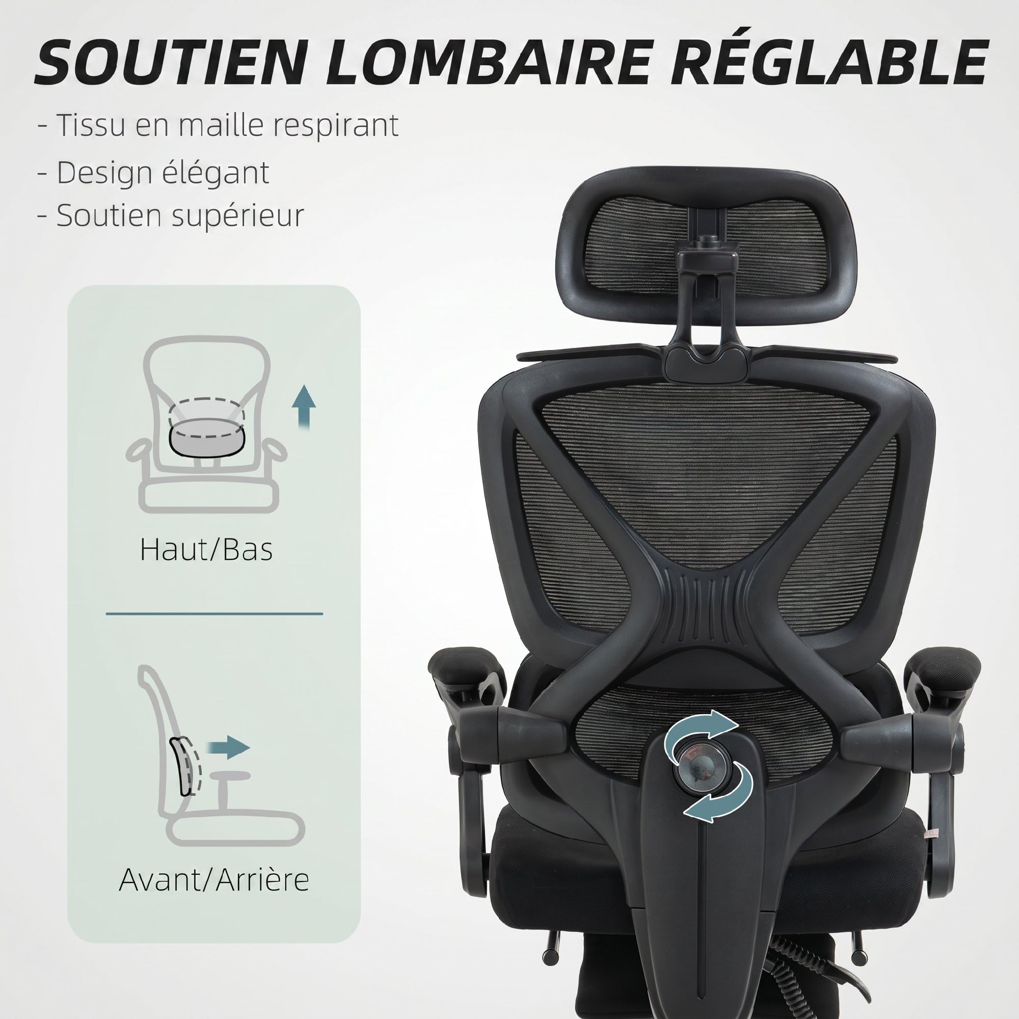 HOMCOM Chaise Bureau Ergonomique Appui-Tête Réglable Dossier Séparé Noir