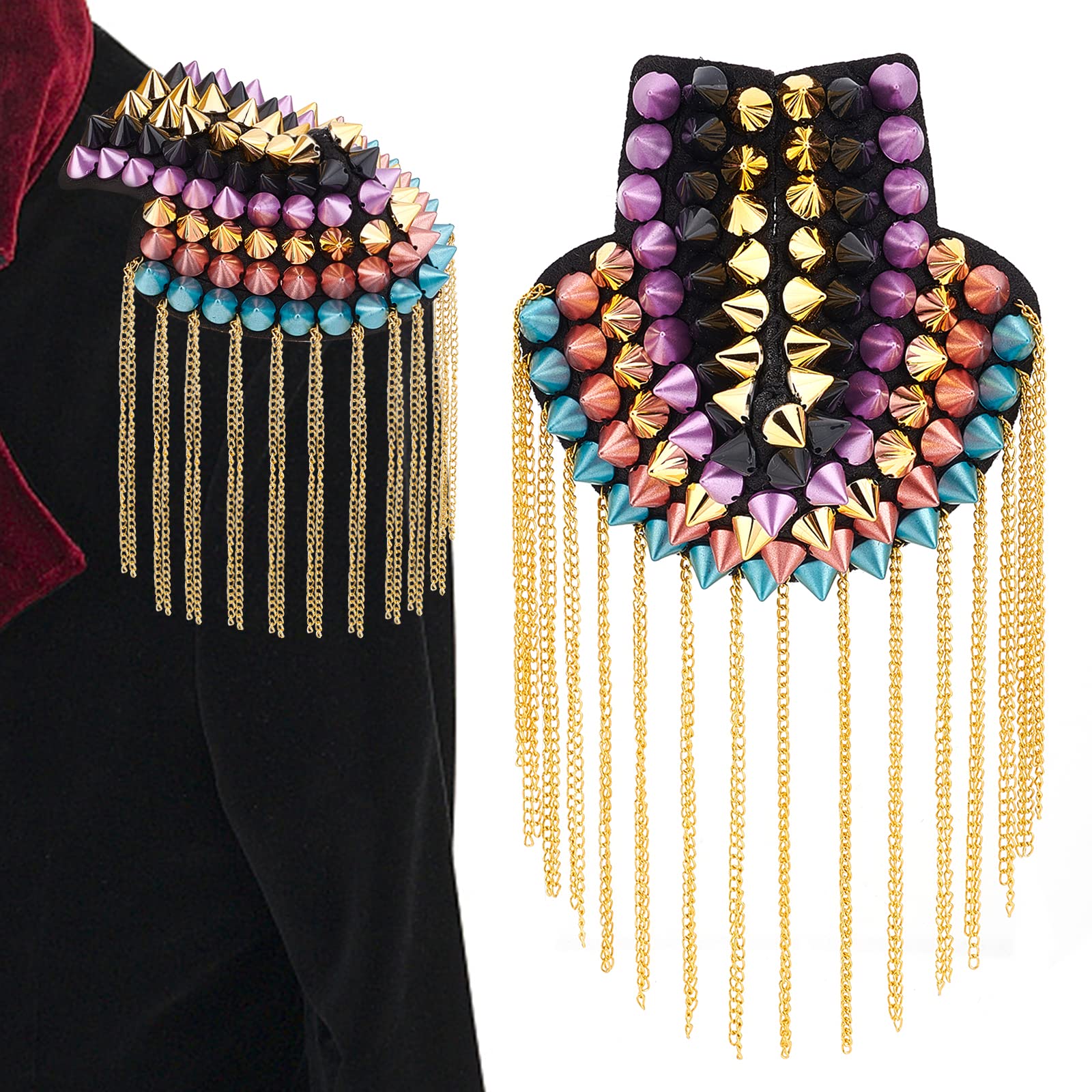PH PandaHall1 Pair Rivet Tassel Epaulets, Punk Shoulder Epaulettes with Metal Tassel Chains Colorful Rivet Shoulder Boards Badge for Men Women Costume Uniform Accessories