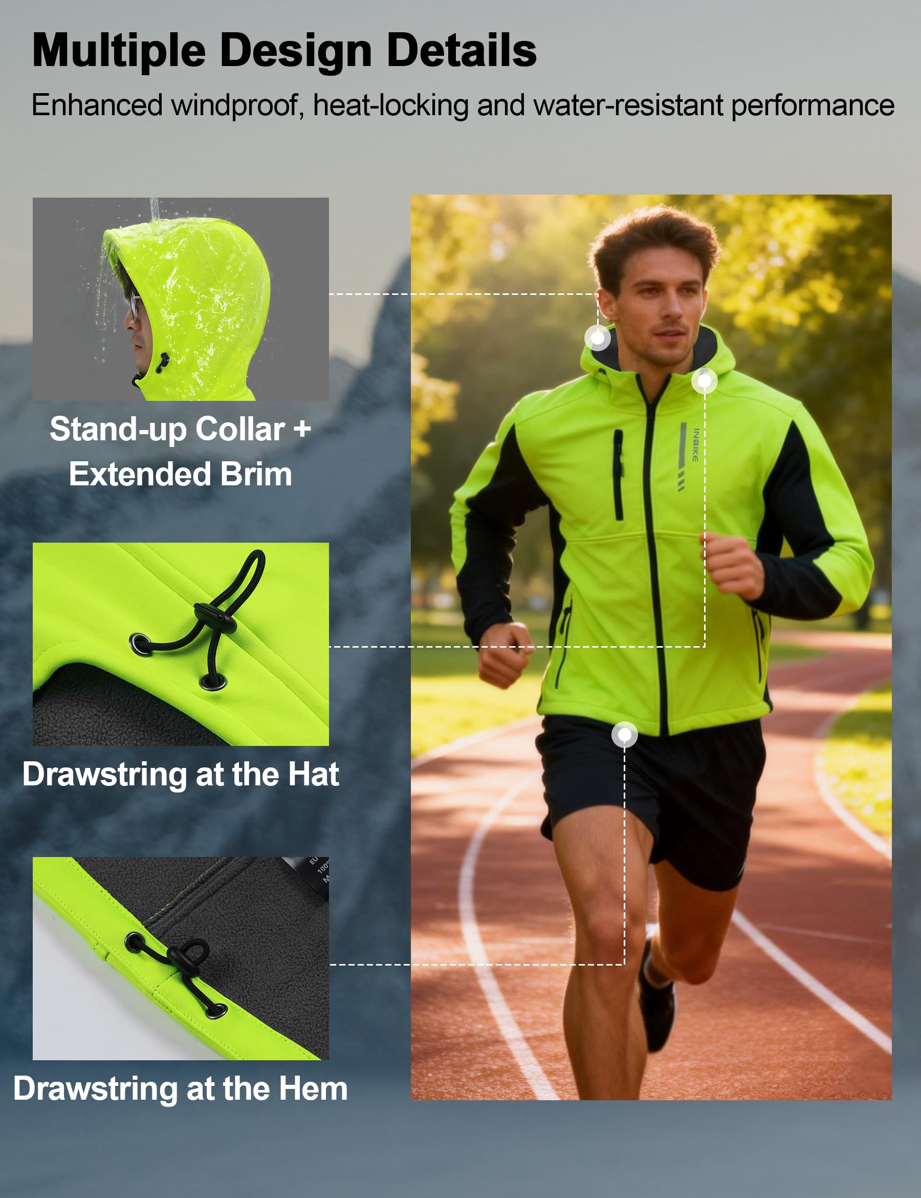 INBIKE Veste de Cyclisme d'Hiver Homme pour VTT Randonnée et Course Coupe-Vent Chaude Doublée En Polaire Avec Capuche À Visière Ajustable HC308