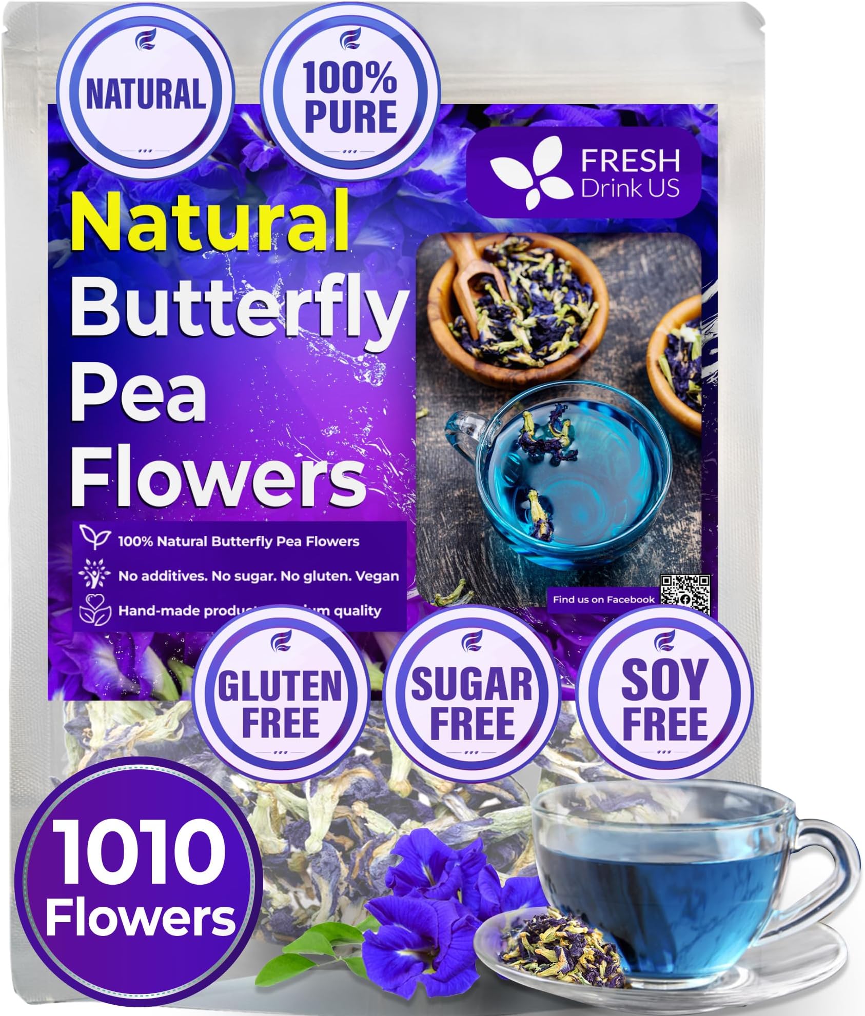 FreshDrinkUS, Premium 1010+ Butterfly Pea Flowers, 100% Natural & Pure from Whole Blue Butterfly Pea Flowers, Wildcrafted, Dried Blue Butterfly Pea Flowers Herbal Tea, No Gluten, Vegan (1010 Butterfly Flowers)