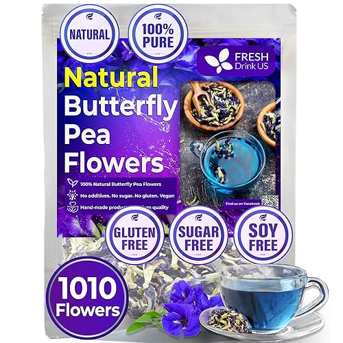 FreshDrinkUS, 1010+ flores de guisante de mariposa premium, 100% naturales y puras de flores enteras de guisantes de mariposa azul, elaboradas en el