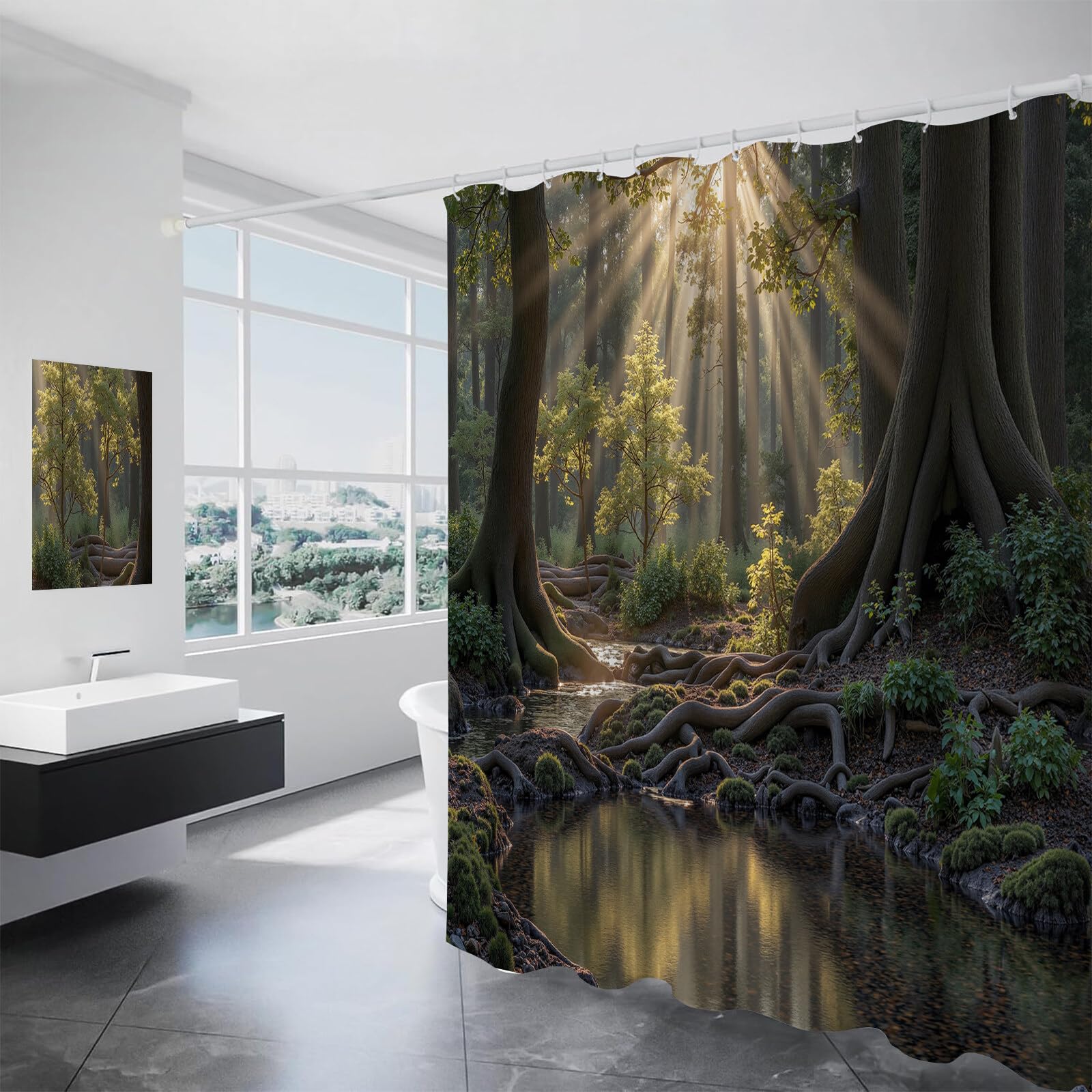 Rideau Douche,Rideau Baignoire Lavable en Machine Rideaux Douche Tissus Lavable Rideau De Baignoire Lavable pour Salle De Bain Domicile Baignoire Famille,Ruisseau Forestier,