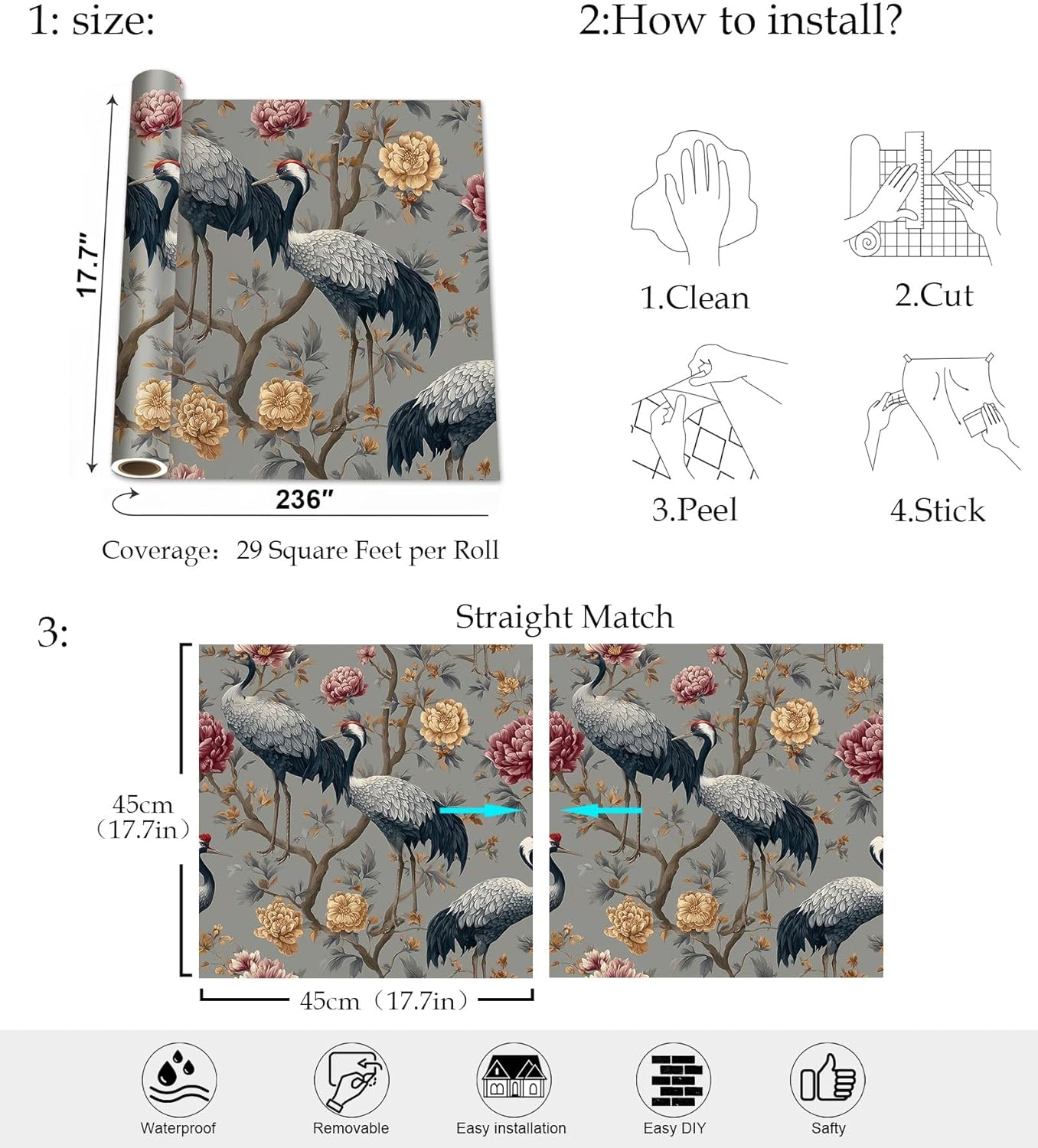 Cranes and Peony Wallpaper – Chinoiserie Peel and Stick Wallpaper for Home Decor | 17.7" x 236", Self-Adhesive, Waterproof Vinyl