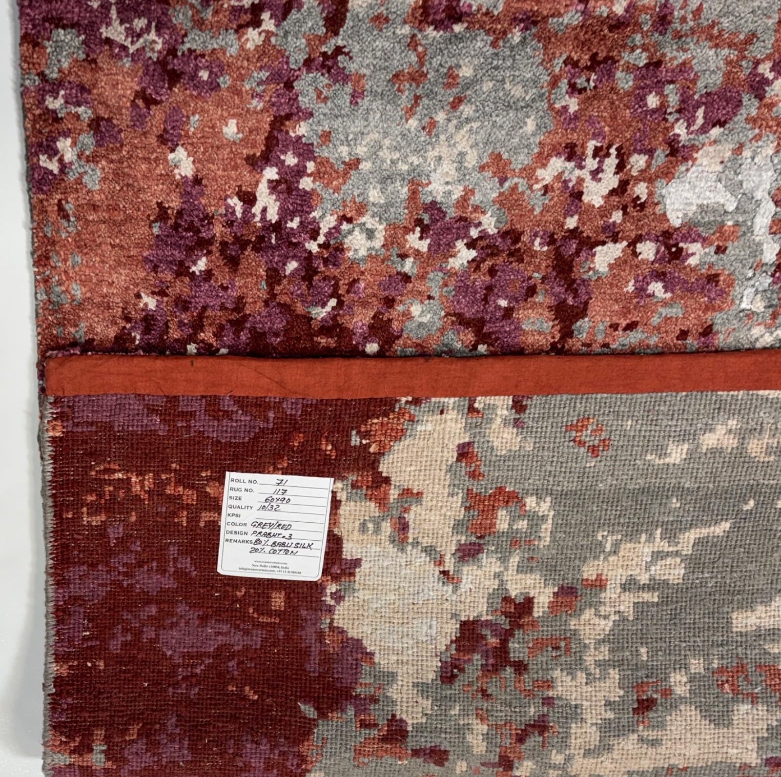 Tapis design fait à la main, 60 x 90 cm, gris, rouge, multicolore, soie de bambou, R117